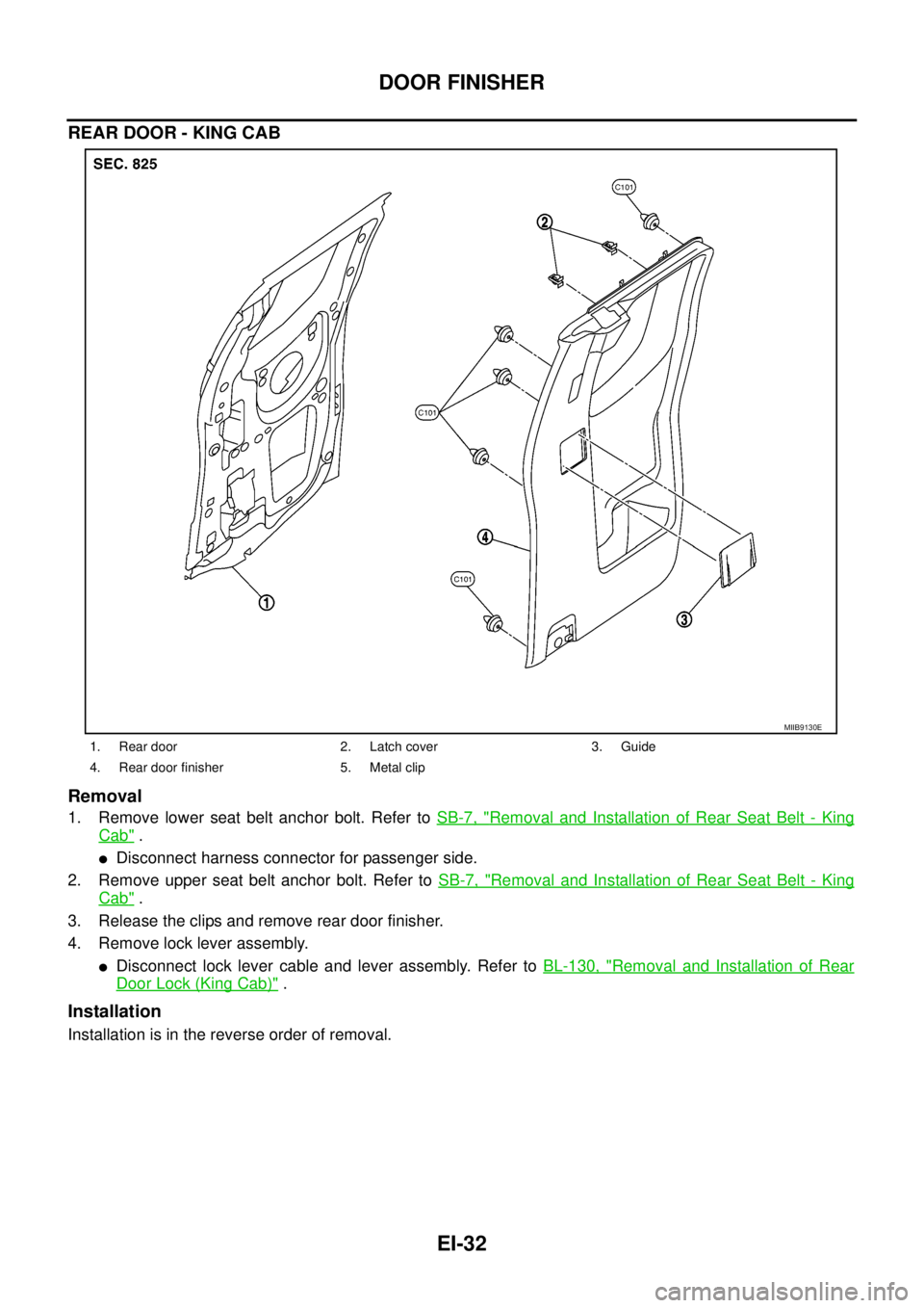 NISSAN NAVARA 2005  Repair Workshop Manual EI-32
DOOR FINISHER
REAR DOOR - KING CAB
Removal
1. Remove lower seat belt anchor bolt. Refer toSB-7, "Removal and Installation of Rear Seat Belt - King
Cab".
lDisconnect harness connector for passeng