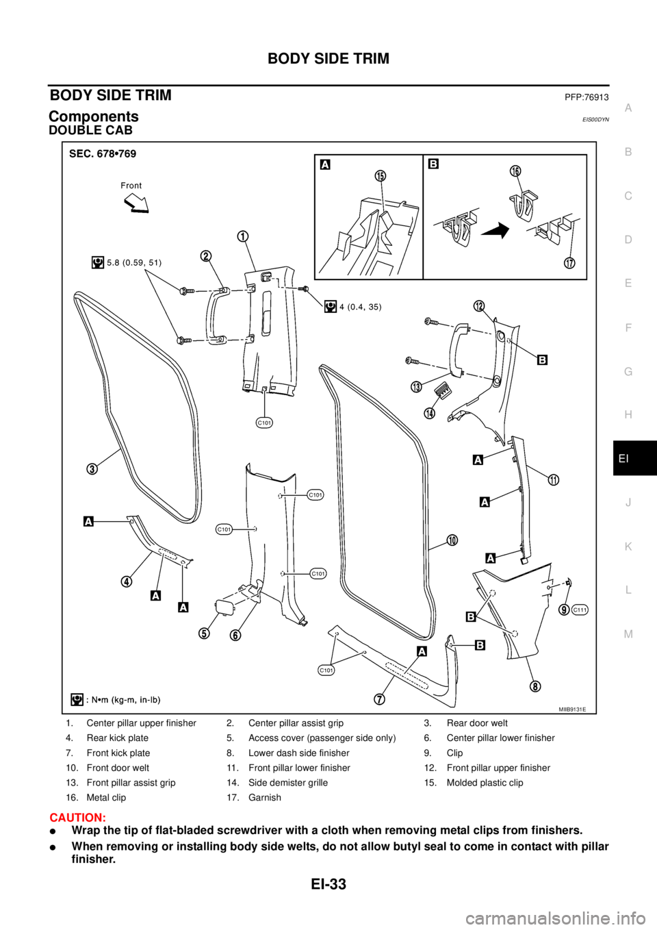 NISSAN NAVARA 2005  Repair Workshop Manual BODY SIDE TRIM
EI-33
C
D
E
F
G
H
J
K
L
MA
B
EI
BODY SIDE TRIMPFP:76913
ComponentsEIS00DYN
DOUBLE CAB
CAUTION:
lWrap the tip of flat-bladed screwdriver with a cloth when removing metal clips from finis