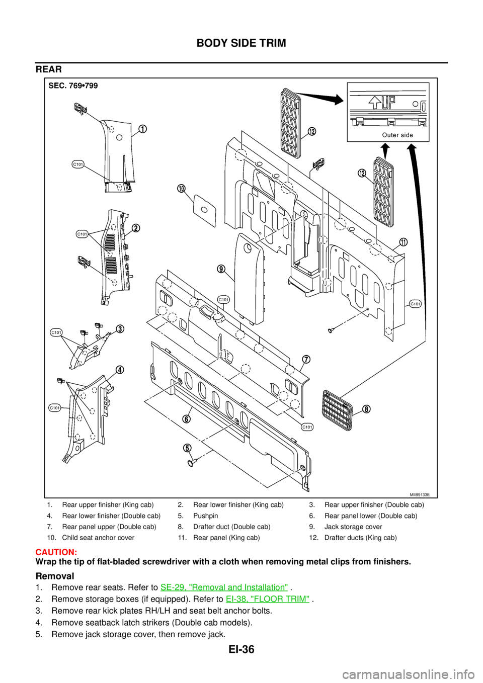 NISSAN NAVARA 2005  Repair Workshop Manual EI-36
BODY SIDE TRIM
REAR
CAUTION:
Wrap the tip of flat-bladed screwdriver with a cloth when removing metal clips from finishers.
Removal
1. Remove rear seats. Refer toSE-29, "Removal and Installation