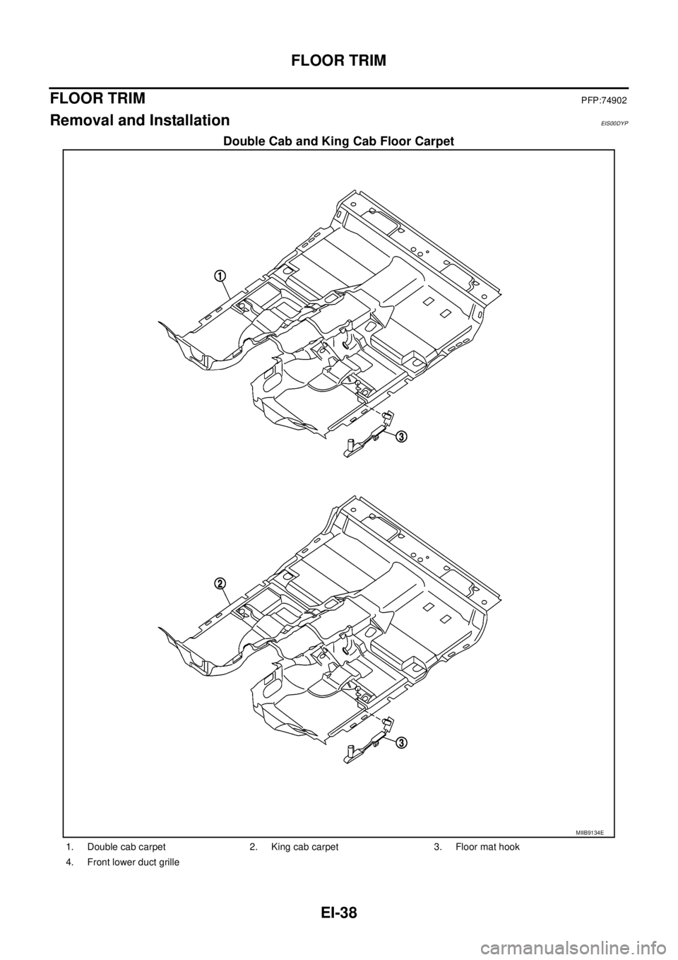NISSAN NAVARA 2005  Repair Workshop Manual EI-38
FLOOR TRIM
FLOOR TRIM
PFP:74902
Removal and InstallationEIS00DYP
Double Cab and King Cab Floor Carpet
MIIB9134E
1. Double cab carpet 2. King cab carpet 3. Floor mat hook
4. Front lower duct gril