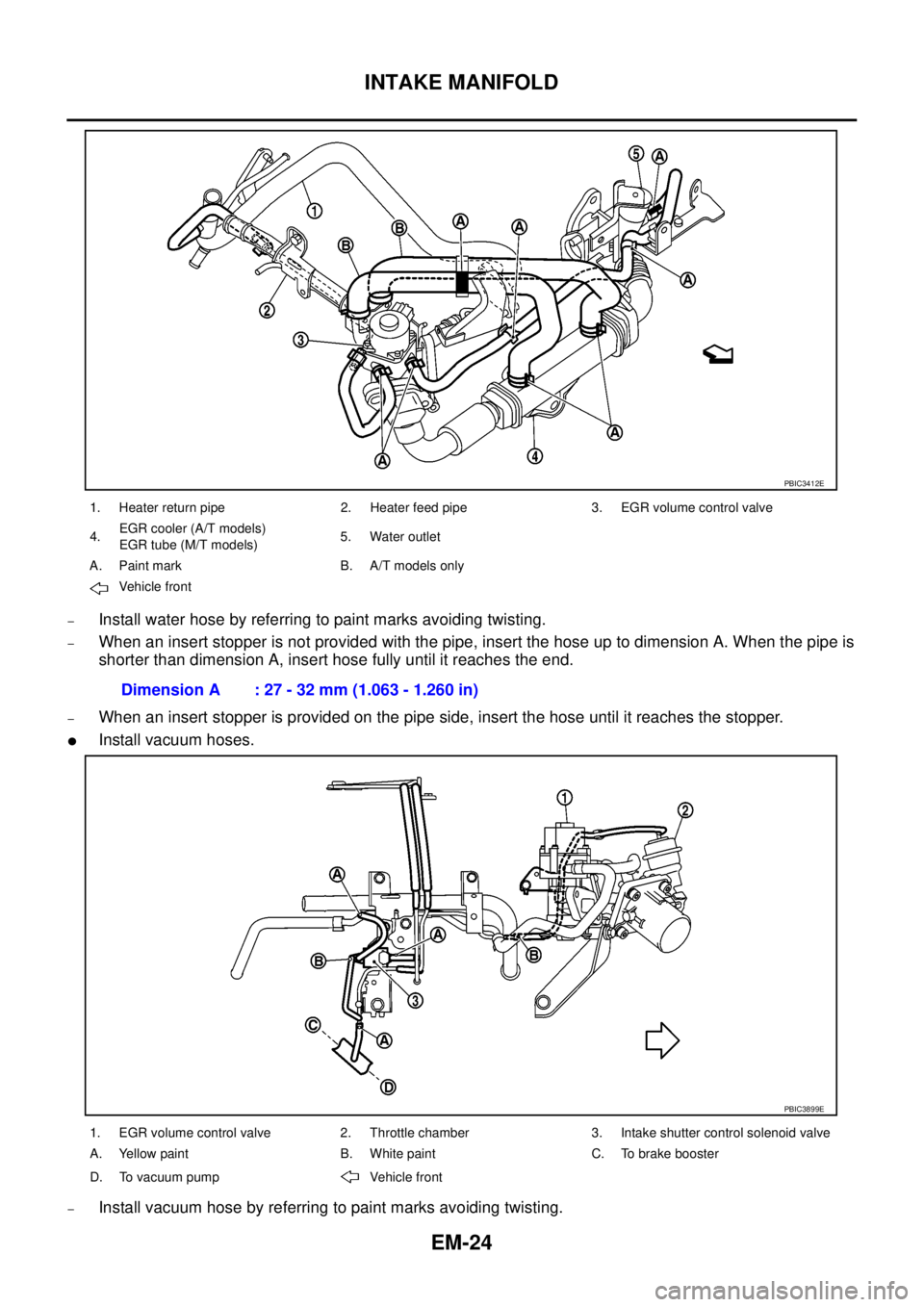 NISSAN NAVARA 2005  Repair Workshop Manual EM-24
INTAKE MANIFOLD
–Install water hose by referring to paint marks avoiding twisting.
–When an insert stopper is not provided with the pipe, insert the hose up to dimension A. When the pipe is
