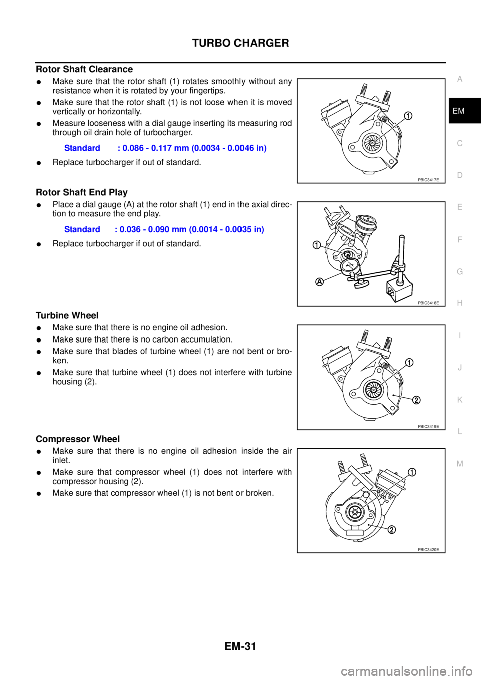 NISSAN NAVARA 2005 Repair Workshop Manual TURBO CHARGER
EM-31
C
D
E
F
G
H
I
J
K
L
MA
EM
Rotor Shaft Clearance
lMake sure that the rotor shaft (1) rotates smoothly without any
resistance when it is rotated by your fingertips.
lMake sure that t NISSAN NAVARA 2005 Repair Workshop Manual TURBO CHARGER
EM-31
C
D
E
F
G
H
I
J
K
L
MA
EM
Rotor Shaft Clearance
lMake sure that the rotor shaft (1) rotates smoothly without any
resistance when it is rotated by your fingertips.
lMake sure that t