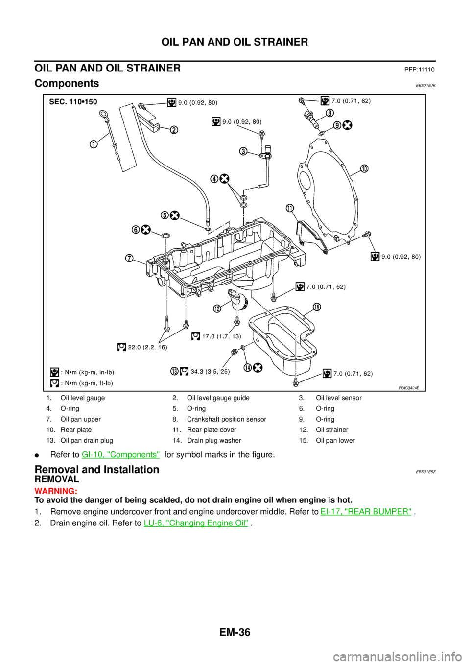 NISSAN NAVARA 2005 Repair Workshop Manual EM-36
OIL PAN AND OIL STRAINER
OIL PAN AND OIL STRAINER
P F P : 1111 0
ComponentsEBS01EJK
lRefer toGI-10, "Components"for symbol marks in the figure.
Removal and InstallationEBS01E5Z
REMOVAL
WARNING:
NISSAN NAVARA 2005 Repair Workshop Manual EM-36
OIL PAN AND OIL STRAINER
OIL PAN AND OIL STRAINER
P F P : 1111 0
ComponentsEBS01EJK
lRefer toGI-10, "Components"for symbol marks in the figure.
Removal and InstallationEBS01E5Z
REMOVAL
WARNING: