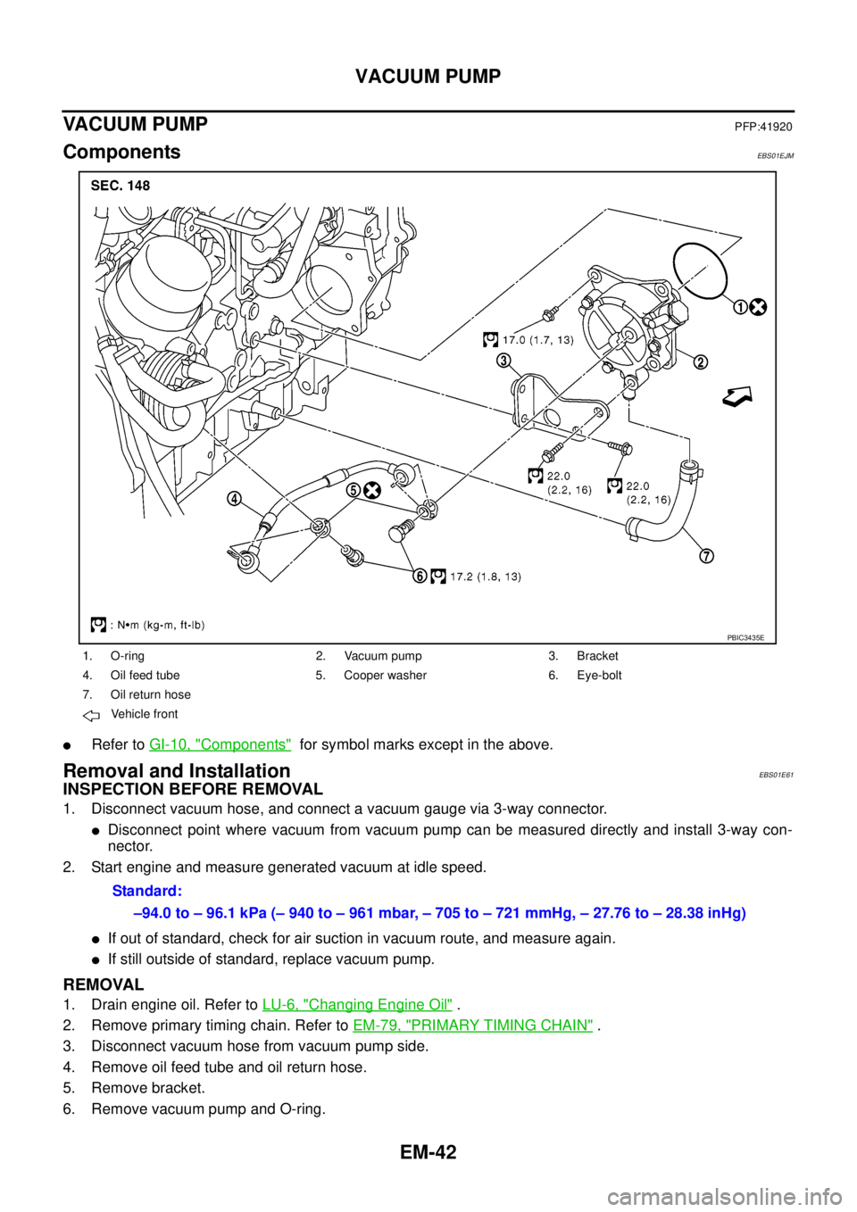NISSAN NAVARA 2005 Repair Workshop Manual EM-42
VACUUM PUMP
VACUUM PUMP
PFP:41920
ComponentsEBS01EJM
lRefer toGI-10, "Components"for symbol marks except in the above.
Removal and InstallationEBS01E61
INSPECTION BEFORE REMOVAL
1. Disconnect va NISSAN NAVARA 2005 Repair Workshop Manual EM-42
VACUUM PUMP
VACUUM PUMP
PFP:41920
ComponentsEBS01EJM
lRefer toGI-10, "Components"for symbol marks except in the above.
Removal and InstallationEBS01E61
INSPECTION BEFORE REMOVAL
1. Disconnect va