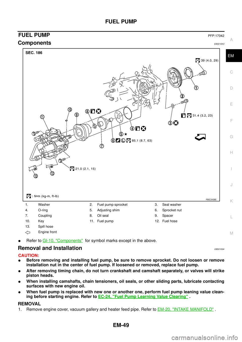 NISSAN NAVARA 2005 Repair Workshop Manual FUEL PUMP
EM-49
C
D
E
F
G
H
I
J
K
L
MA
EM
FUEL PUMPPFP:17042
ComponentsEBS01EK3
lRefer toGI-10, "Components"for symbol marks except in the above.
Removal and InstallationEBS01E64
CAUTION:
lBefore remo NISSAN NAVARA 2005 Repair Workshop Manual FUEL PUMP
EM-49
C
D
E
F
G
H
I
J
K
L
MA
EM
FUEL PUMPPFP:17042
ComponentsEBS01EK3
lRefer toGI-10, "Components"for symbol marks except in the above.
Removal and InstallationEBS01E64
CAUTION:
lBefore remo