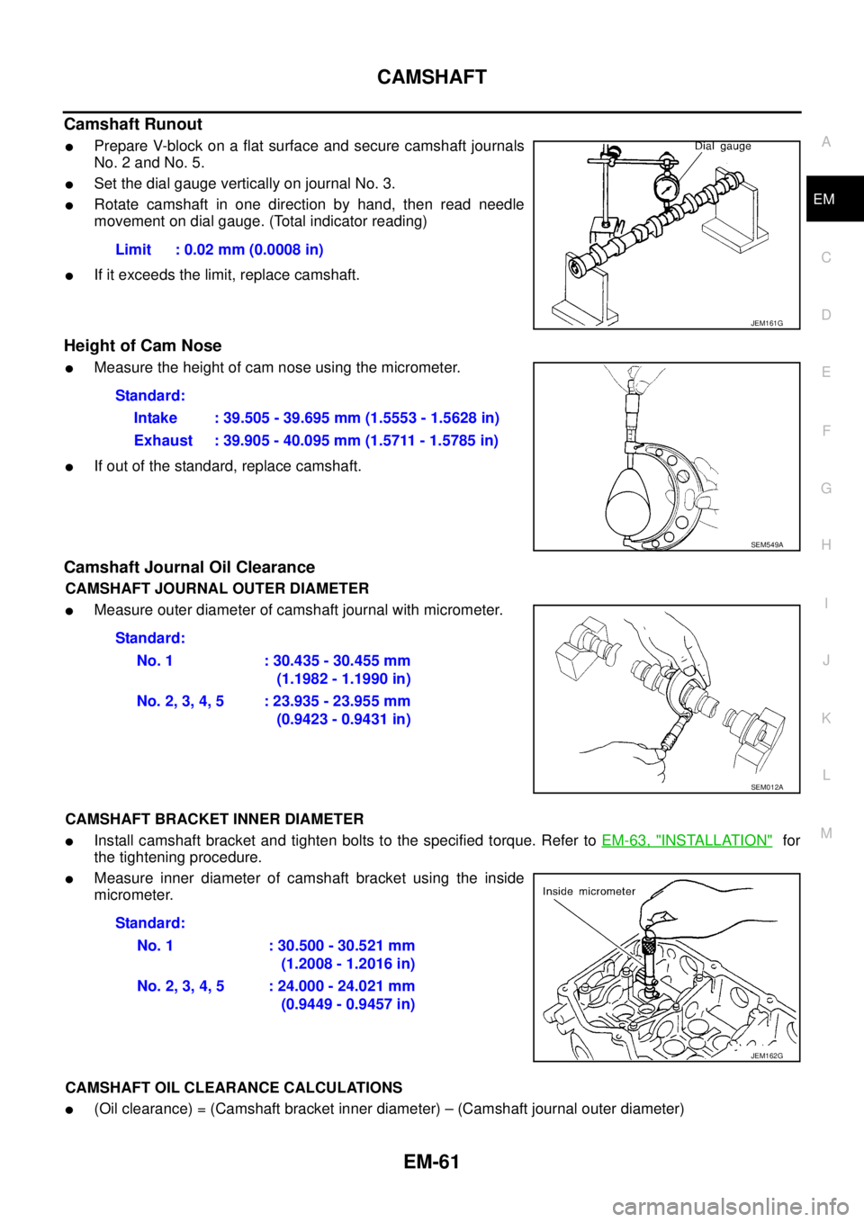 NISSAN NAVARA 2005 Repair Workshop Manual CAMSHAFT
EM-61
C
D
E
F
G
H
I
J
K
L
MA
EM
Camshaft Runout
lPrepare V-block on a flat surface and secure camshaft journals
No. 2 and No. 5.
lSet the dial gauge vertically on journal No. 3.
lRotate camsh NISSAN NAVARA 2005 Repair Workshop Manual CAMSHAFT
EM-61
C
D
E
F
G
H
I
J
K
L
MA
EM
Camshaft Runout
lPrepare V-block on a flat surface and secure camshaft journals
No. 2 and No. 5.
lSet the dial gauge vertically on journal No. 3.
lRotate camsh