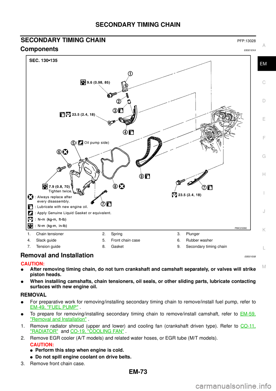 NISSAN NAVARA 2005 Repair Workshop Manual SECONDARY TIMING CHAIN
EM-73
C
D
E
F
G
H
I
J
K
L
MA
EM
SECONDARY TIMING CHAINPFP:13028
ComponentsEBS01EKA
Removal and InstallationEBS01E68
CAUTION:
lAfter removing timing chain, do not turn crankshaft NISSAN NAVARA 2005 Repair Workshop Manual SECONDARY TIMING CHAIN
EM-73
C
D
E
F
G
H
I
J
K
L
MA
EM
SECONDARY TIMING CHAINPFP:13028
ComponentsEBS01EKA
Removal and InstallationEBS01E68
CAUTION:
lAfter removing timing chain, do not turn crankshaft