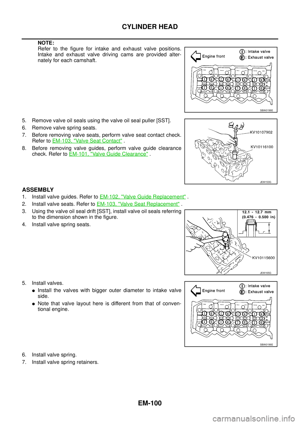 NISSAN NAVARA 2005 Repair Workshop Manual EM-100
CYLINDER HEAD
NOTE:
Refer to the figure for intake and exhaust valve positions.
Intake and exhaust valve driving cams are provided alter-
nately for each camshaft.
5. Remove valve oil seals usi NISSAN NAVARA 2005 Repair Workshop Manual EM-100
CYLINDER HEAD
NOTE:
Refer to the figure for intake and exhaust valve positions.
Intake and exhaust valve driving cams are provided alter-
nately for each camshaft.
5. Remove valve oil seals usi