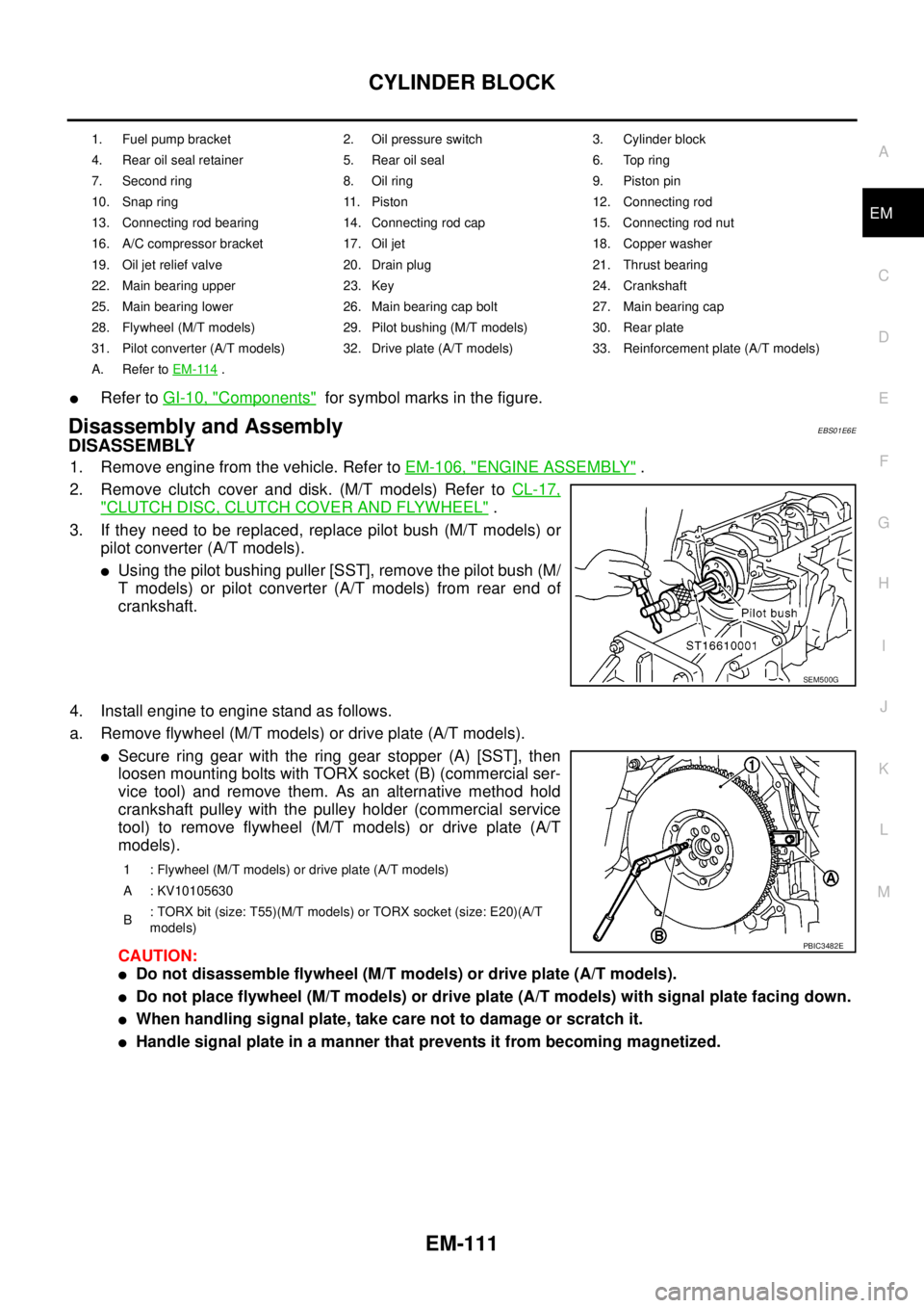 NISSAN NAVARA 2005 Repair Workshop Manual CYLINDER BLOCK
EM-111
C
D
E
F
G
H
I
J
K
L
MA
EM
lRefer toGI-10, "Components"for symbol marks in the figure.
Disassembly and AssemblyEBS01E6E
DISASSEMBLY
1. Remove engine from the vehicle. Refer toEM-1 NISSAN NAVARA 2005 Repair Workshop Manual CYLINDER BLOCK
EM-111
C
D
E
F
G
H
I
J
K
L
MA
EM
lRefer toGI-10, "Components"for symbol marks in the figure.
Disassembly and AssemblyEBS01E6E
DISASSEMBLY
1. Remove engine from the vehicle. Refer toEM-1