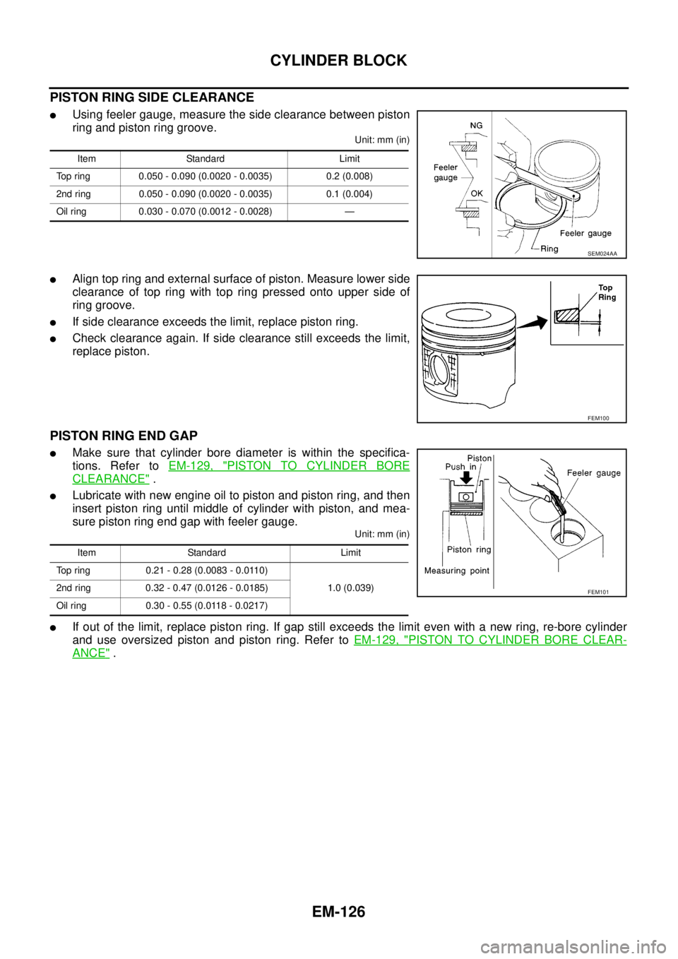 NISSAN NAVARA 2005 Repair Workshop Manual EM-126
CYLINDER BLOCK
PISTON RING SIDE CLEARANCE
lUsing feeler gauge, measure the side clearance between piston
ringandpistonringgroove.
Unit: mm (in)
lAlign top ring and external surface of piston. M NISSAN NAVARA 2005 Repair Workshop Manual EM-126
CYLINDER BLOCK
PISTON RING SIDE CLEARANCE
lUsing feeler gauge, measure the side clearance between piston
ringandpistonringgroove.
Unit: mm (in)
lAlign top ring and external surface of piston. M