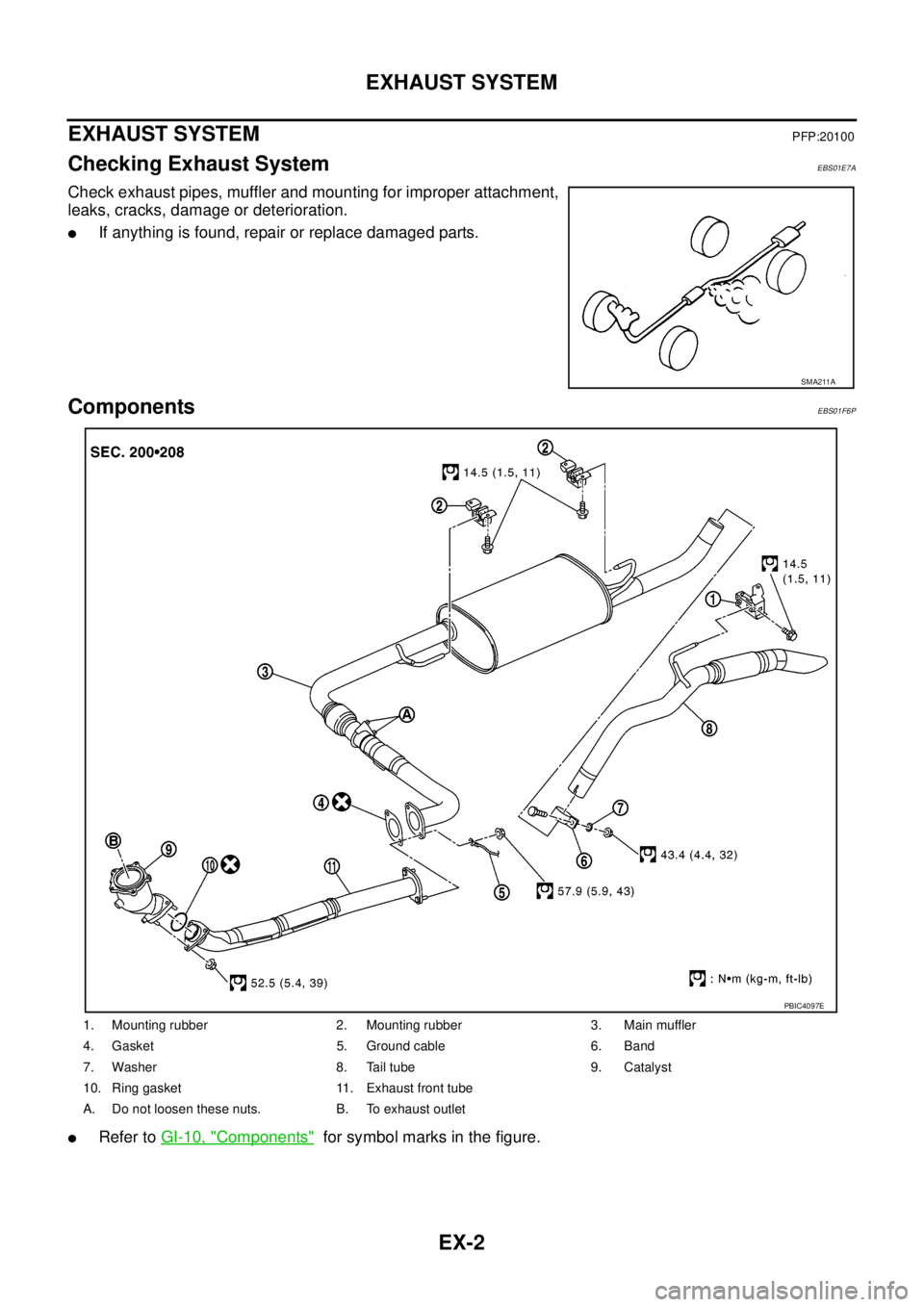 NISSAN NAVARA 2005  Repair Workshop Manual EX-2
EXHAUST SYSTEM
EXHAUST SYSTEM
PFP:20100
Checking Exhaust SystemEBS01E7A
Check exhaust pipes, muffler and mounting for improper attachment,
leaks, cracks, damage or deterioration.
lIf anything is 