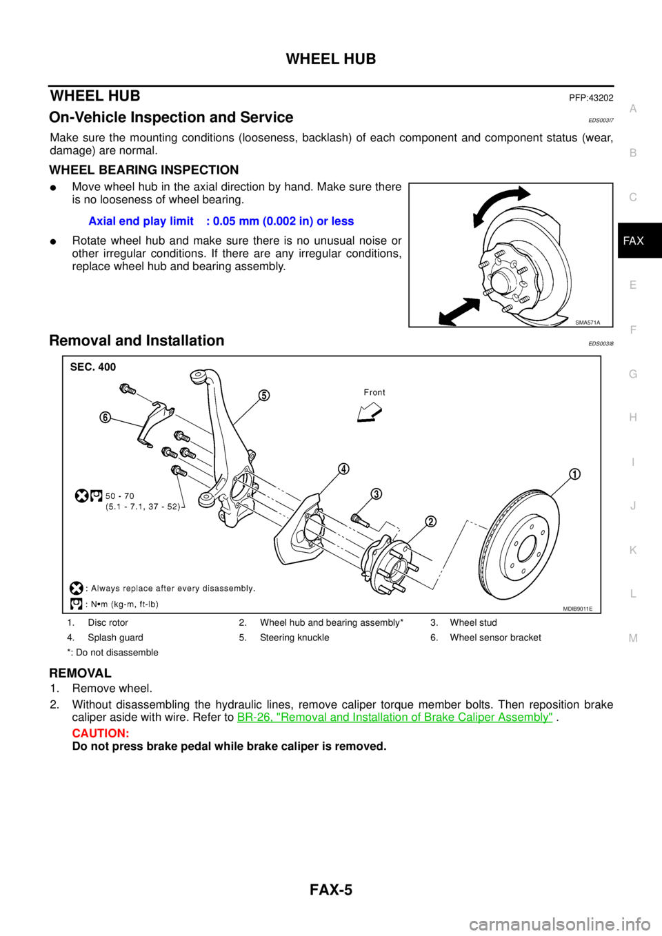 NISSAN NAVARA 2005  Repair Workshop Manual WHEEL HUB
FAX-5
C
E
F
G
H
I
J
K
L
MA
B
FA X
WHEEL HUBPFP:43202
On-Vehicle Inspection and ServiceEDS003I7
Make sure the mounting conditions (looseness, backlash) of each component and component status 
