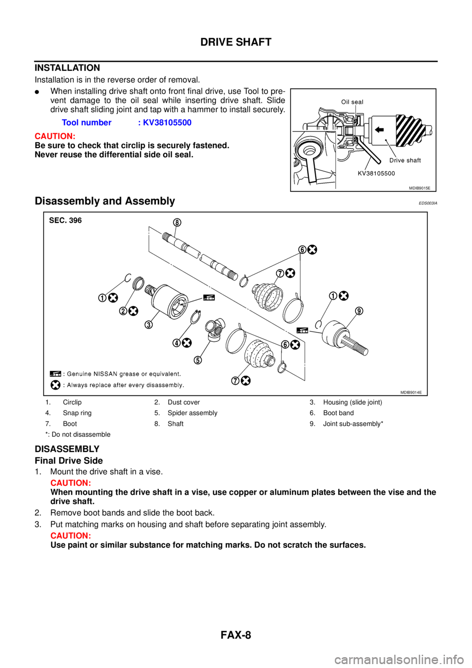 NISSAN NAVARA 2005  Repair Workshop Manual FAX-8
DRIVE SHAFT
INSTALLATION
Installation is in the reverse order of removal.
lWhen installing drive shaft onto front final drive, use Tool to pre-
vent damage to the oil seal while inserting drive 