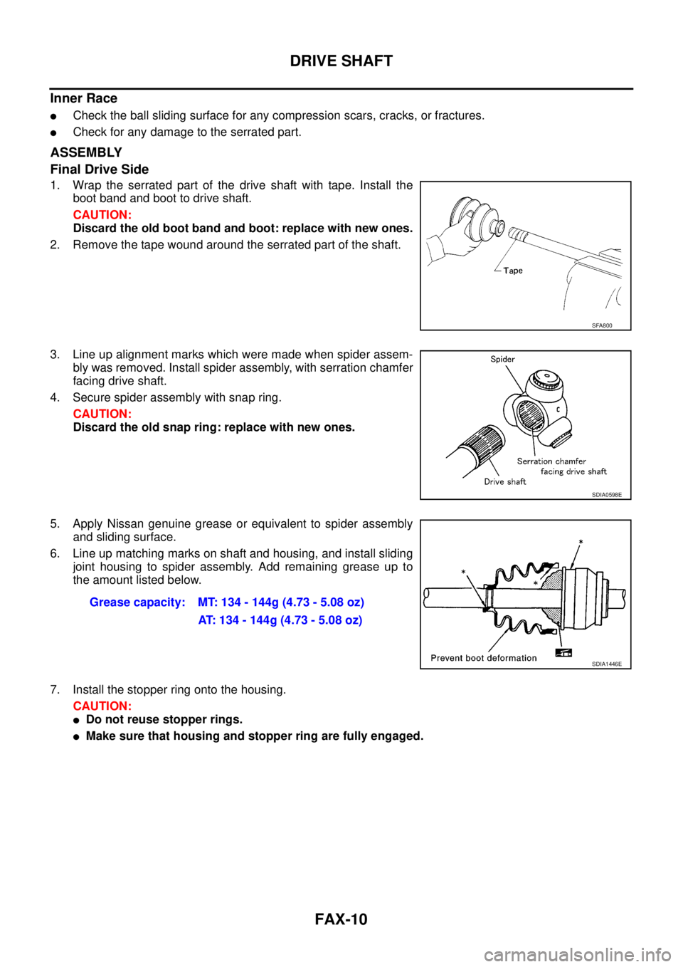NISSAN NAVARA 2005 Repair Workshop Manual FAX-10
DRIVE SHAFT
Inner Race
lCheck the ball sliding surface for any compression scars, cracks, or fractures.
lCheck for any damage to the serrated part.
ASSEMBLY
Final Drive Side
1. Wrap the serrate NISSAN NAVARA 2005 Repair Workshop Manual FAX-10
DRIVE SHAFT
Inner Race
lCheck the ball sliding surface for any compression scars, cracks, or fractures.
lCheck for any damage to the serrated part.
ASSEMBLY
Final Drive Side
1. Wrap the serrate