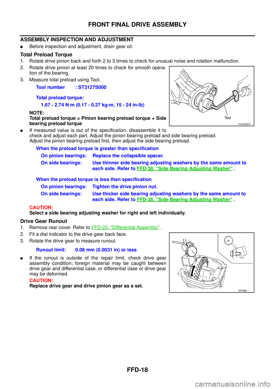 NISSAN NAVARA 2005  Repair Workshop Manual FFD-18
FRONT FINAL DRIVE ASSEMBLY
ASSEMBLY INSPECTION AND ADJUSTMENT
lBefore inspection and adjustment, drain gear oil.
Total Preload Torque
1. Rotate drive pinion back and forth 2 to 3 times to check