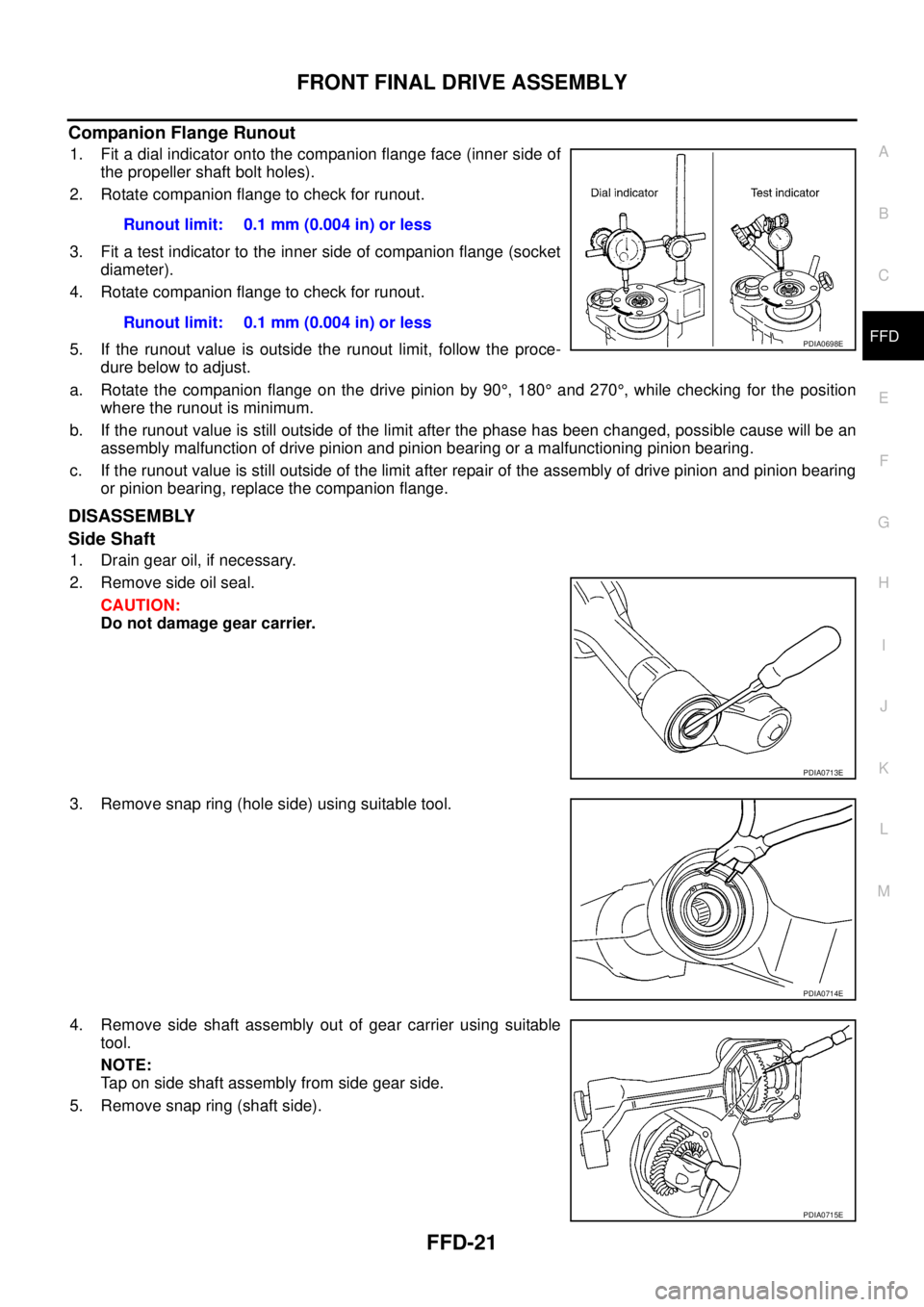 NISSAN NAVARA 2005  Repair Workshop Manual FRONT FINAL DRIVE ASSEMBLY
FFD-21
C
E
F
G
H
I
J
K
L
MA
B
FFD
Companion Flange Runout
1. Fit a dial indicator onto the companion flange face (inner side of
the propeller shaft bolt holes).
2. Rotate co