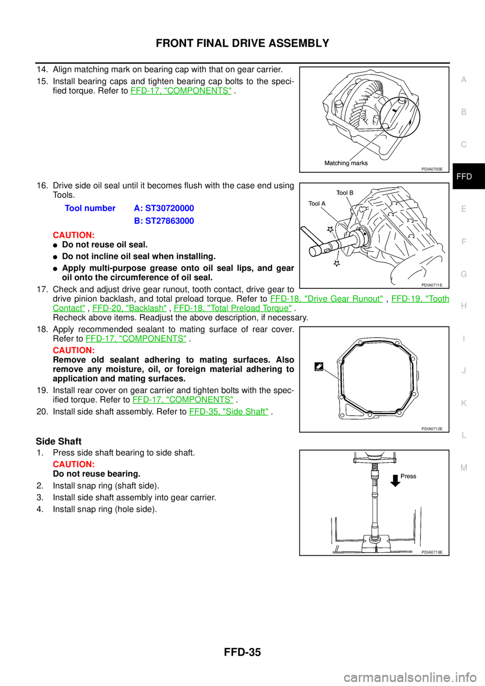 NISSAN NAVARA 2005  Repair Workshop Manual FRONT FINAL DRIVE ASSEMBLY
FFD-35
C
E
F
G
H
I
J
K
L
MA
B
FFD
14. Alignmatchingmarkonbearingcapwiththatongearcarrier.
15. Install bearing caps and tighten bearing cap bolts to the speci-
fied torque. R