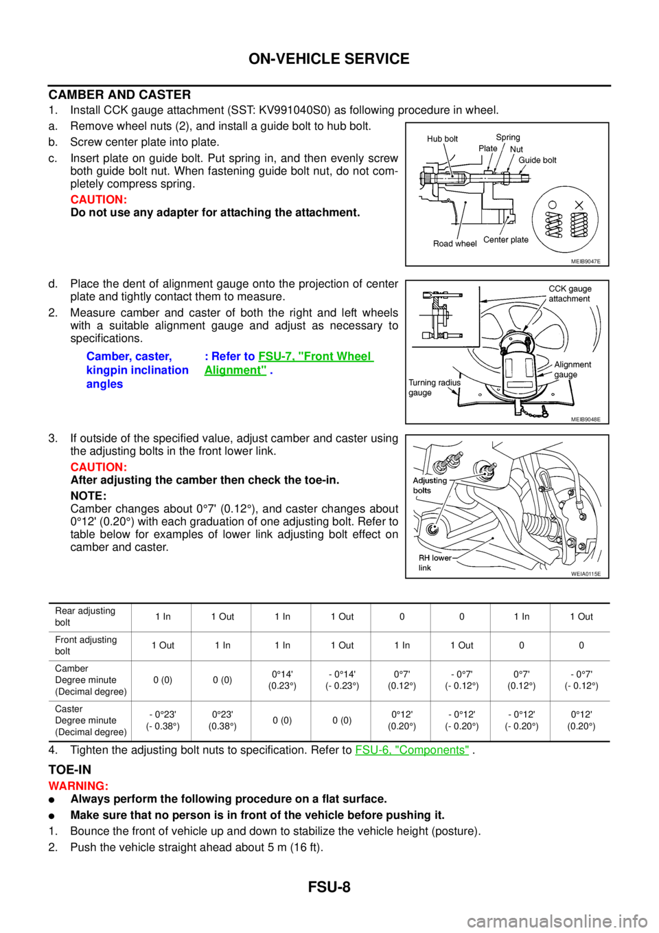 NISSAN NAVARA 2005 Repair Workshop Manual FSU-8
ON-VEHICLE SERVICE
CAMBER AND CASTER
1. Install CCK gauge attachment (SST: KV991040S0) as following procedure in wheel.
a. Remove wheel nuts (2), and install a guide bolt to hub bolt.
b. Screw c NISSAN NAVARA 2005 Repair Workshop Manual FSU-8
ON-VEHICLE SERVICE
CAMBER AND CASTER
1. Install CCK gauge attachment (SST: KV991040S0) as following procedure in wheel.
a. Remove wheel nuts (2), and install a guide bolt to hub bolt.
b. Screw c