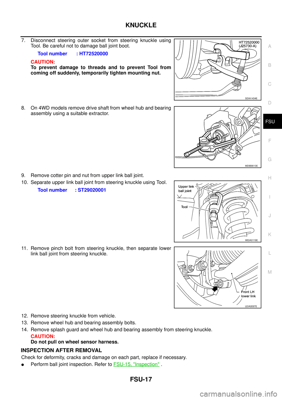 NISSAN NAVARA 2005 Repair Workshop Manual KNUCKLE
FSU-17
C
D
F
G
H
I
J
K
L
MA
B
FSU
7. Disconnect steering outer socket from steering knuckle using
Tool. Be careful not to damage ball joint boot.
CAUTION:
To prevent damage to threads and to p NISSAN NAVARA 2005 Repair Workshop Manual KNUCKLE
FSU-17
C
D
F
G
H
I
J
K
L
MA
B
FSU
7. Disconnect steering outer socket from steering knuckle using
Tool. Be careful not to damage ball joint boot.
CAUTION:
To prevent damage to threads and to p