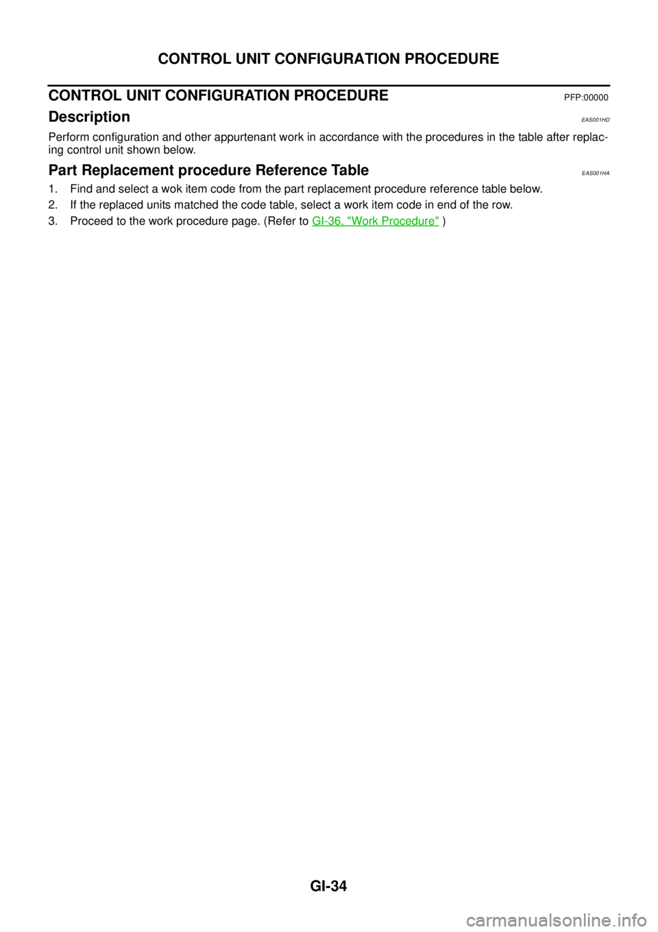 NISSAN NAVARA 2005  Repair Workshop Manual GI-34
CONTROL UNIT CONFIGURATION PROCEDURE
CONTROL UNIT CONFIGURATION PROCEDURE
PFP:00000
DescriptionEAS001HD
Perform configuration and other appurtenant work in accordance with the procedures in the 