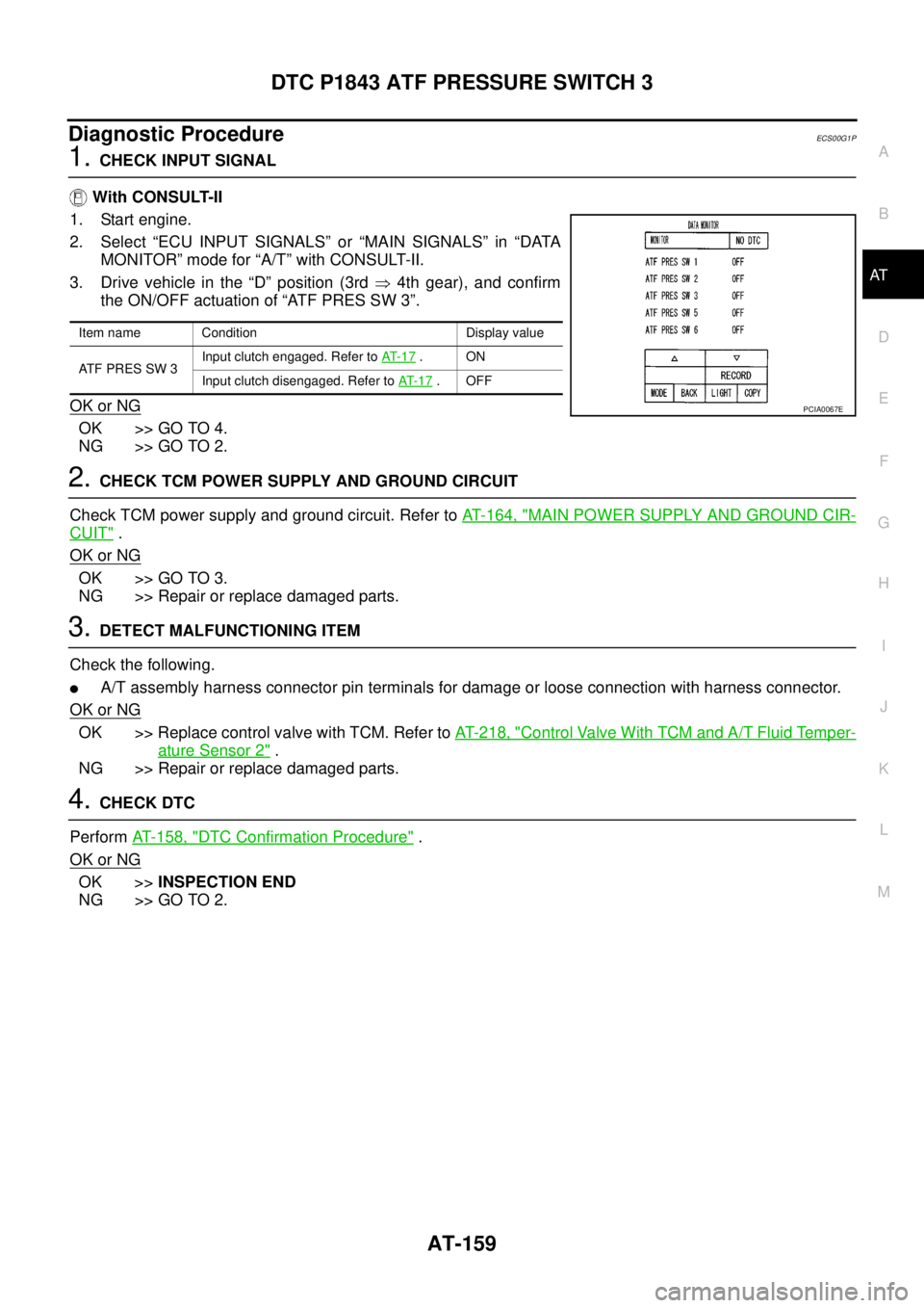 NISSAN NAVARA 2005 Repair Workshop Manual DTC P1843 ATF PRESSURE SWITCH 3
AT-159
D
E
F
G
H
I
J
K
L
MA
B
AT
Diagnostic ProcedureECS00G1P
1.CHECK INPUT SIGNAL
With CONSULT-II
1. Start engine.
2. Select “ECU INPUT SIGNALS” or “MAIN SIGNALS NISSAN NAVARA 2005 Repair Workshop Manual DTC P1843 ATF PRESSURE SWITCH 3
AT-159
D
E
F
G
H
I
J
K
L
MA
B
AT
Diagnostic ProcedureECS00G1P
1.CHECK INPUT SIGNAL
With CONSULT-II
1. Start engine.
2. Select “ECU INPUT SIGNALS” or “MAIN SIGNALS