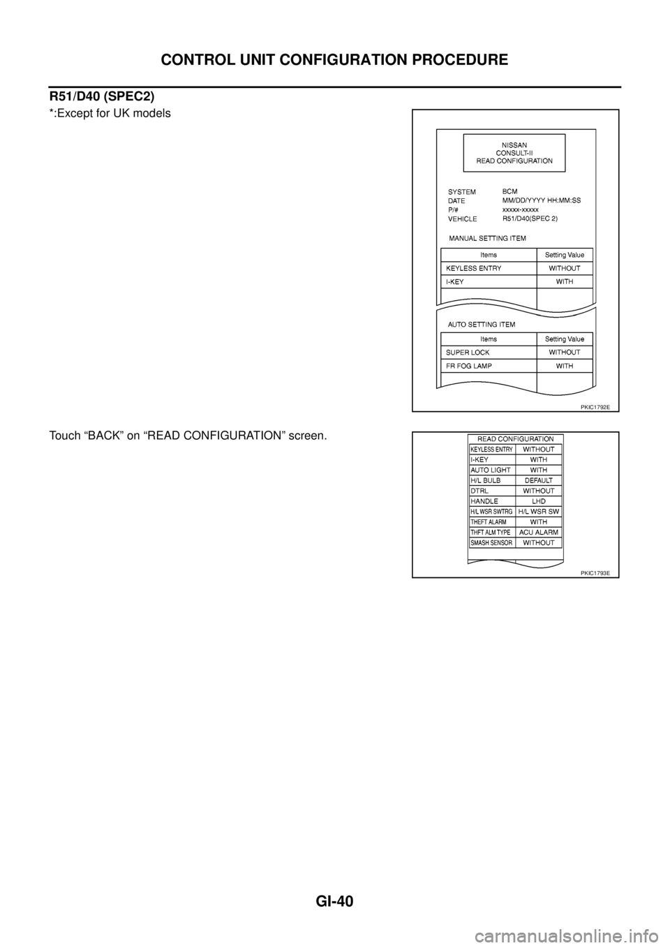 NISSAN NAVARA 2005  Repair Workshop Manual GI-40
CONTROL UNIT CONFIGURATION PROCEDURE
R51/D40 (SPEC2)
*:Except for UK models
Touch “BACK” on “READ CONFIGURATION” screen.
PKIC1792E
PKIC1793E 