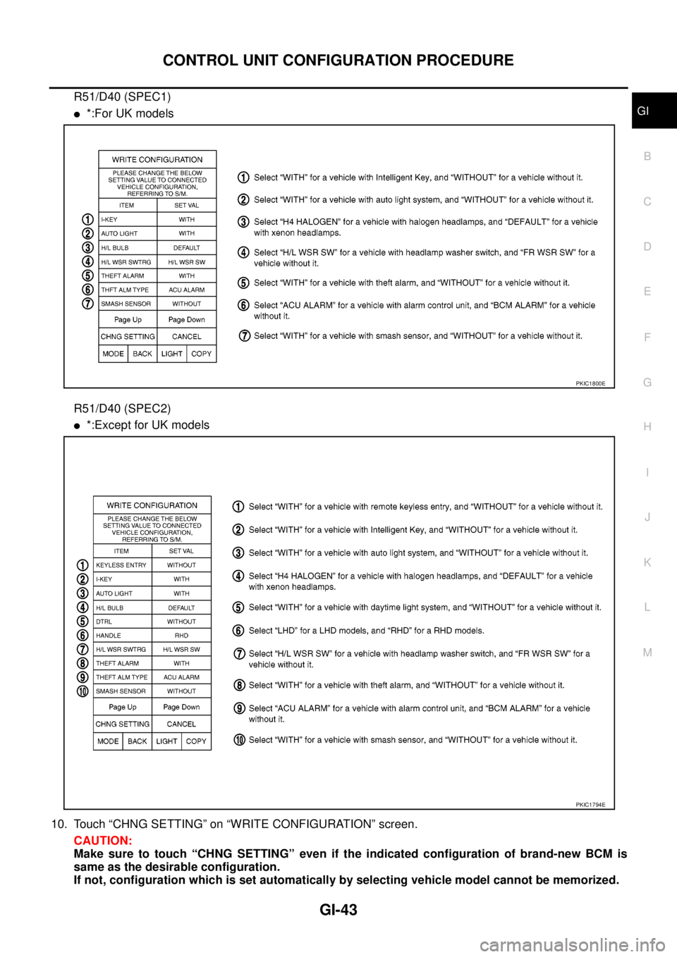 NISSAN NAVARA 2005  Repair Workshop Manual CONTROL UNIT CONFIGURATION PROCEDURE
GI-43
C
D
E
F
G
H
I
J
K
L
MB
GI
R51/D40 (SPEC1)
l*:For UK models
R51/D40 (SPEC2)
l*:Except for UK models
10. Touch “CHNG SETTING” on “WRITE CONFIGURATION” 