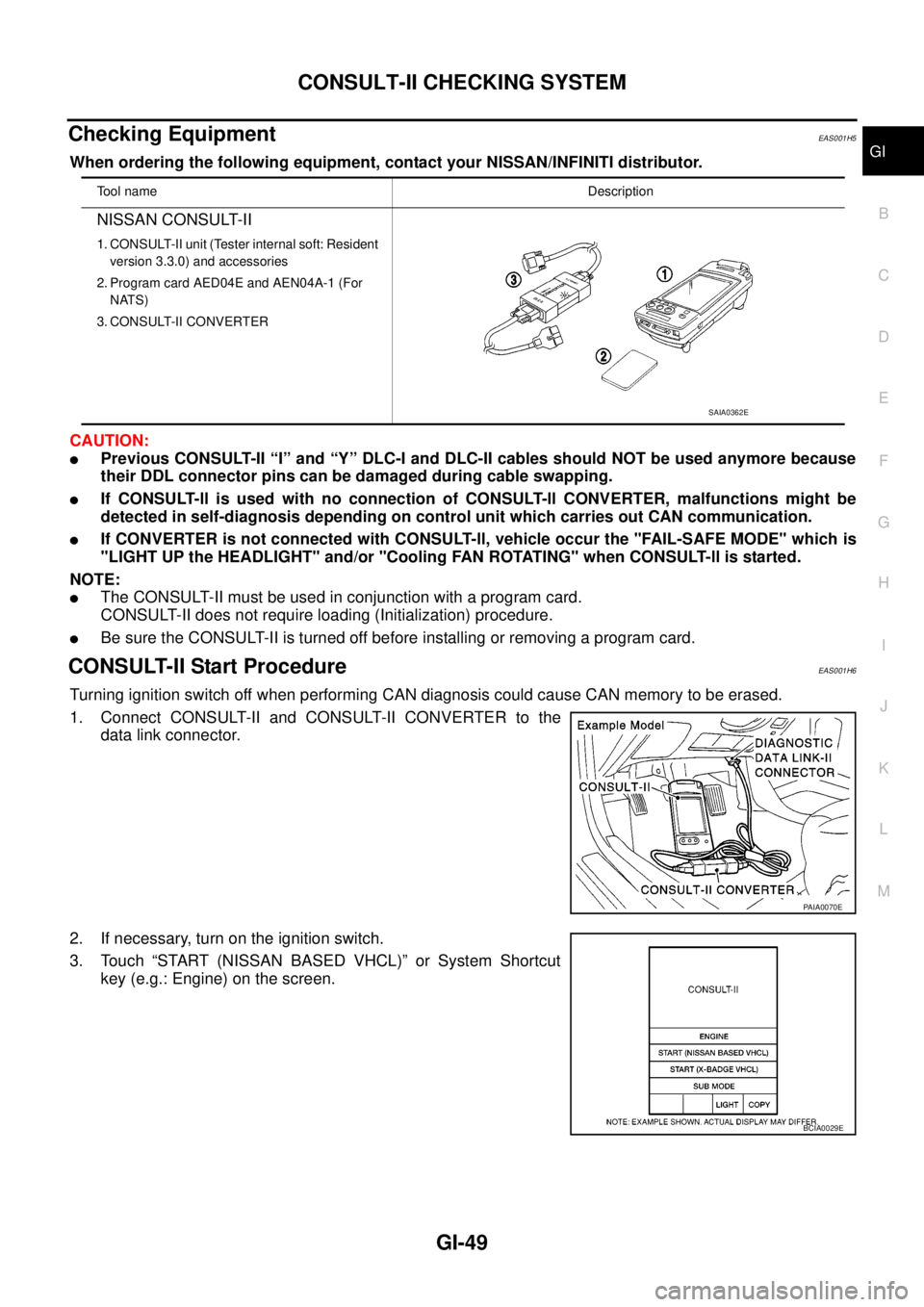 NISSAN NAVARA 2005  Repair Workshop Manual CONSULT-II CHECKING SYSTEM
GI-49
C
D
E
F
G
H
I
J
K
L
MB
GI
Checking EquipmentEAS001H5
When ordering the following equipment, contact your NISSAN/INFINITI distributor.
CAUTION:
lPrevious CONSULT-II “