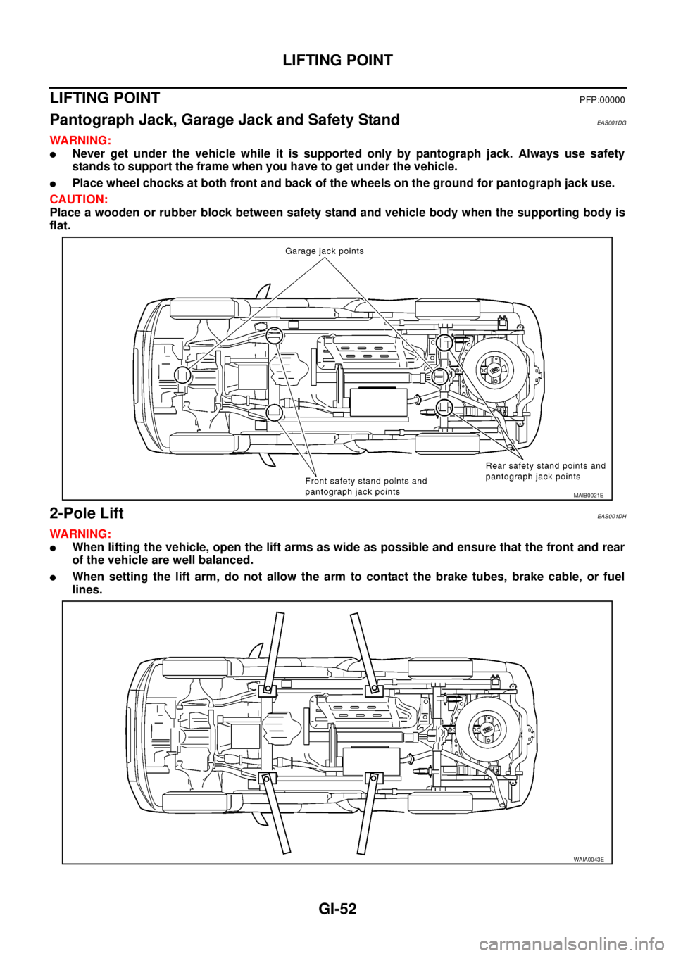 NISSAN NAVARA 2005  Repair Workshop Manual GI-52
LIFTING POINT
LIFTING POINT
PFP:00000
Pantograph Jack, Garage Jack and Safety StandEAS001DG
WARNING:
lNever get under the vehicle while it is supported only by pantograph jack. Always use safety