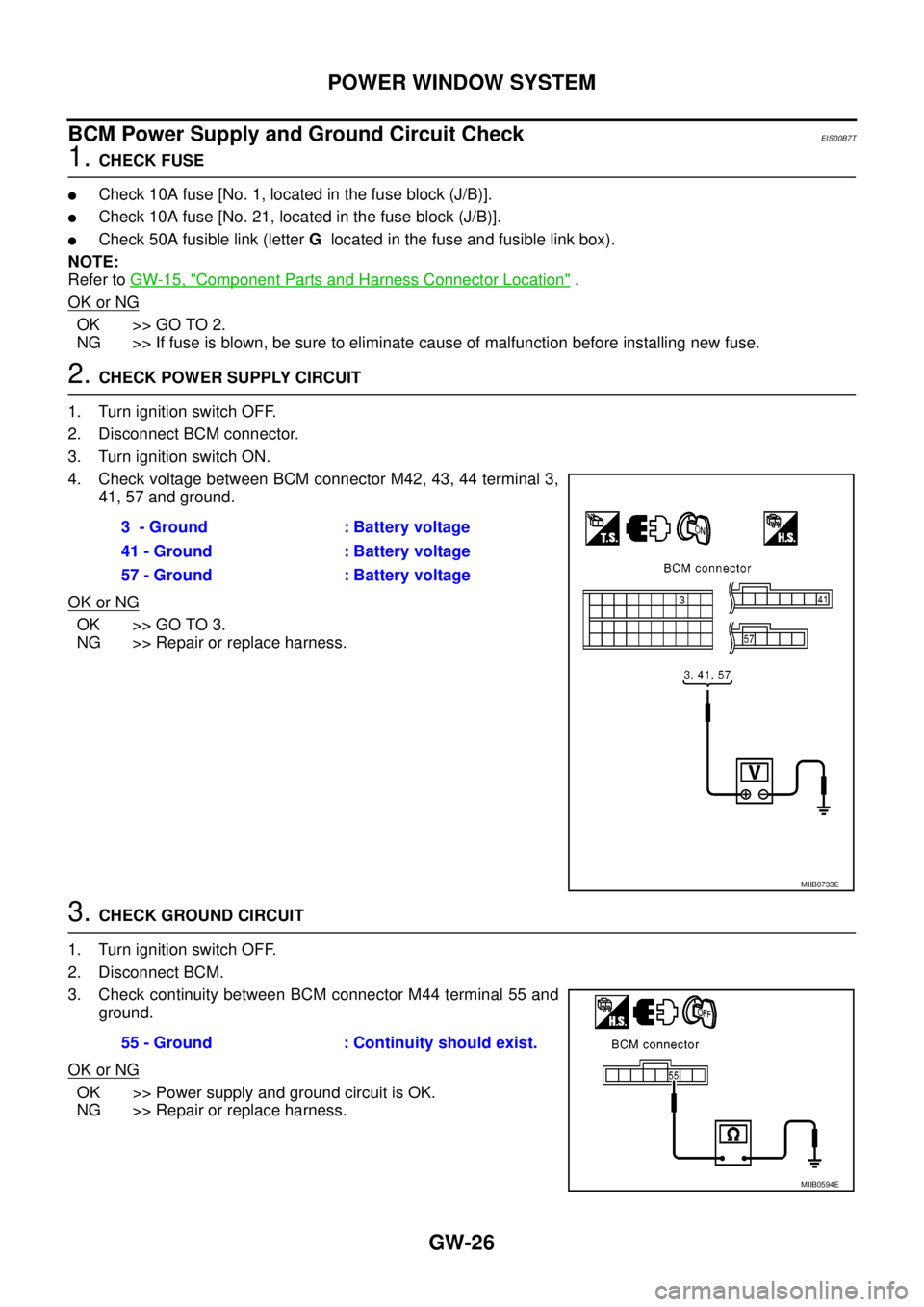 NISSAN NAVARA 2005  Repair Workshop Manual GW-26
POWER WINDOW SYSTEM
BCM Power Supply and Ground Circuit Check
EIS00B7T
1.CHECK FUSE
lCheck 10A fuse [No. 1, located in the fuse block (J/B)].
lCheck 10A fuse [No. 21, located in the fuse block (