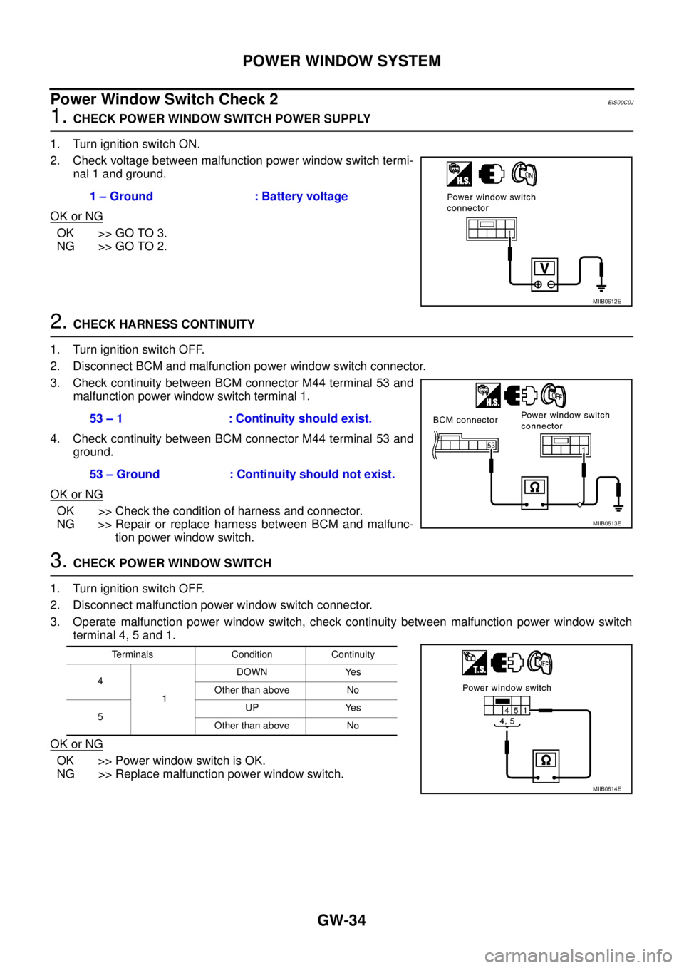 NISSAN NAVARA 2005  Repair Workshop Manual GW-34
POWER WINDOW SYSTEM
Power Window Switch Check 2
EIS00C0J
1.CHECK POWER WINDOW SWITCH POWER SUPPLY
1. Turn ignition switch ON.
2. Check voltage between malfunction power window switch termi-
nal 