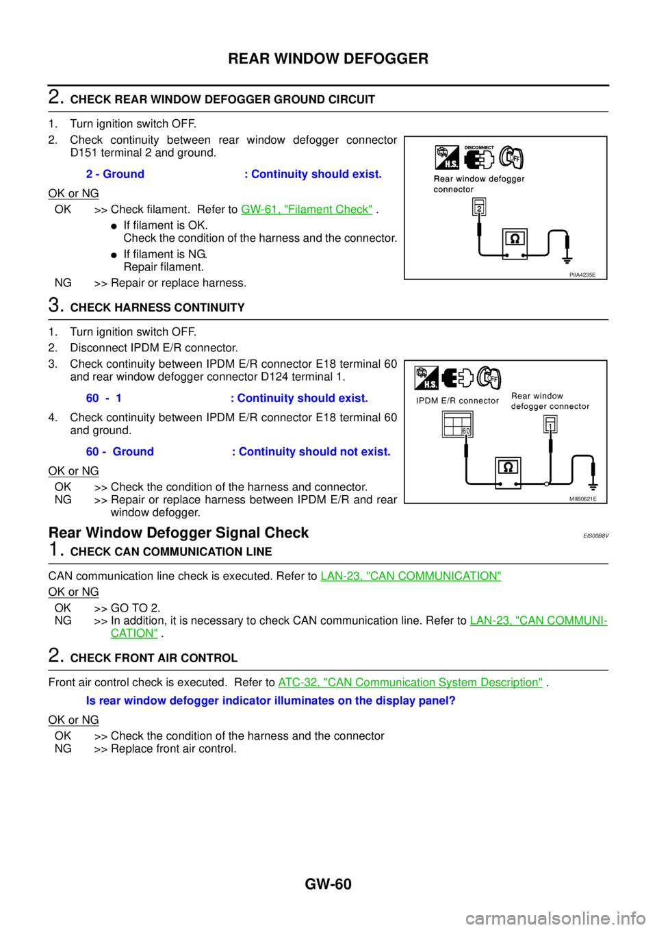 NISSAN NAVARA 2005  Repair Workshop Manual GW-60
REAR WINDOW DEFOGGER
2.CHECK REAR WINDOW DEFOGGER GROUND CIRCUIT
1. Turn ignition switch OFF.
2. Check continuity between rear window defogger connector
D151 terminal 2 and ground.
OK or NG
OK >