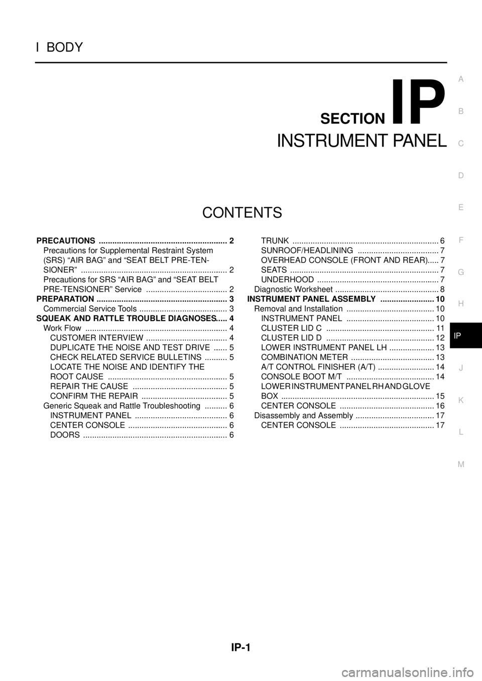 NISSAN NAVARA 2005  Repair Workshop Manual IP-1
INSTRUMENT PANEL
IBODY
CONTENTS
C
D
E
F
G
H
J
K
L
M
SECTIONIP
A
B
IP
INSTRUMENT PANEL
PRECAUTIONS .......................................................... 2
Precautions for Supplemental Restrai
