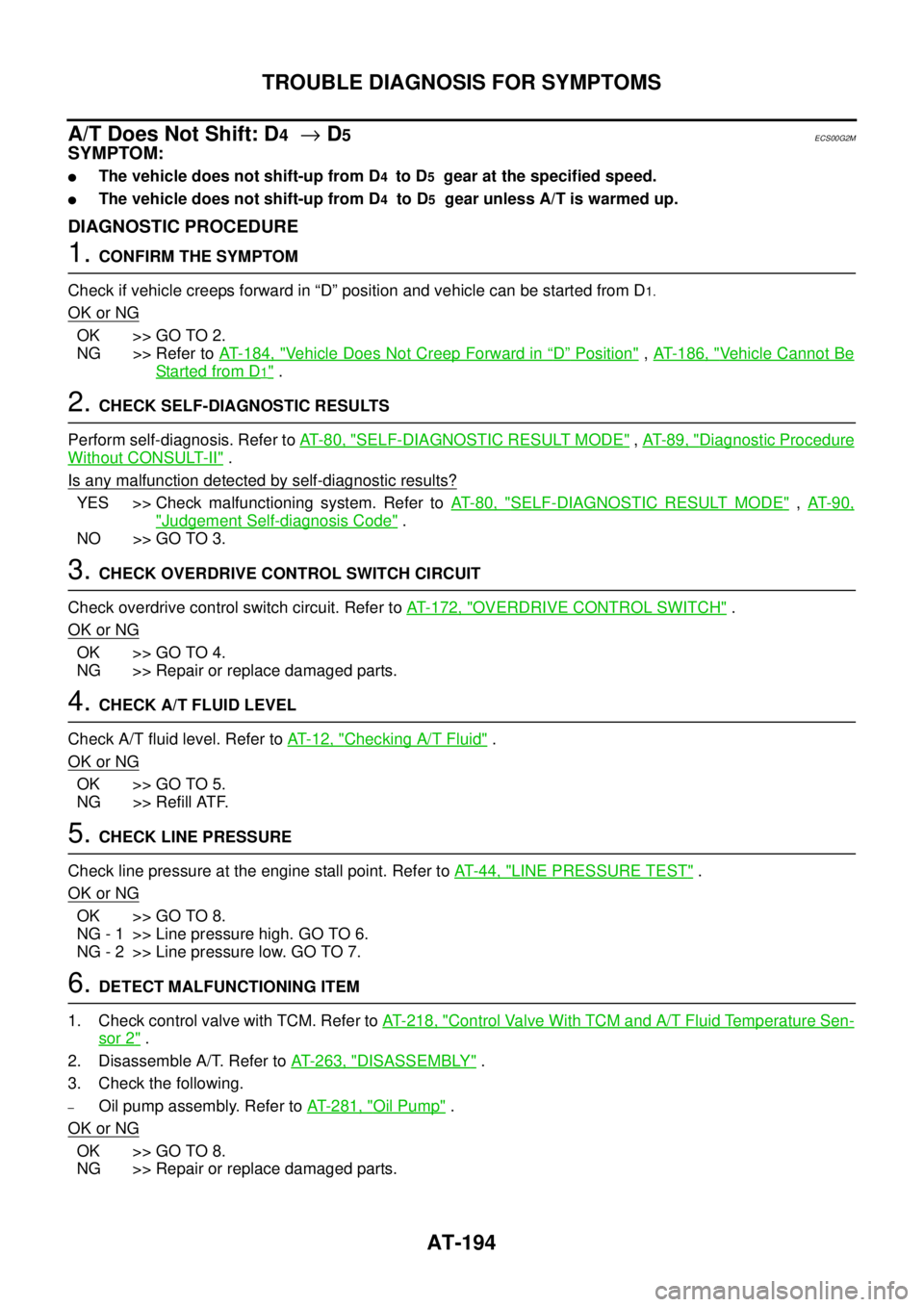 NISSAN NAVARA 2005  Repair Owners Manual AT-194
TROUBLE DIAGNOSIS FOR SYMPTOMS
A/T Does Not Shift: D
4®D5ECS00G2M
SYMPTOM:
lThe vehicle does not shift-up from D4to D5gear at the specified speed.
lThe vehicle does not shift-up from D4to D5ge