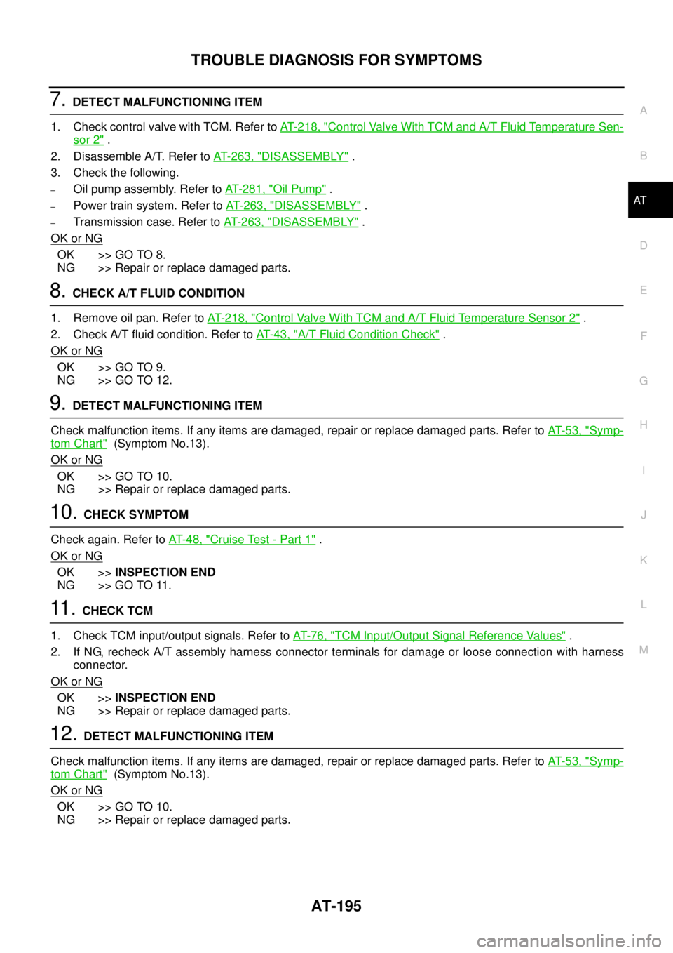NISSAN NAVARA 2005 Repair Workshop Manual TROUBLE DIAGNOSIS FOR SYMPTOMS
AT-195
D
E
F
G
H
I
J
K
L
MA
B
AT
7.DETECT MALFUNCTIONING ITEM
1. Check control valve with TCM. Refer toAT- 2 1 8 , "
Control Valve With TCM and A/T Fluid Temperature Sen NISSAN NAVARA 2005 Repair Workshop Manual TROUBLE DIAGNOSIS FOR SYMPTOMS
AT-195
D
E
F
G
H
I
J
K
L
MA
B
AT
7.DETECT MALFUNCTIONING ITEM
1. Check control valve with TCM. Refer toAT- 2 1 8 , "
Control Valve With TCM and A/T Fluid Temperature Sen