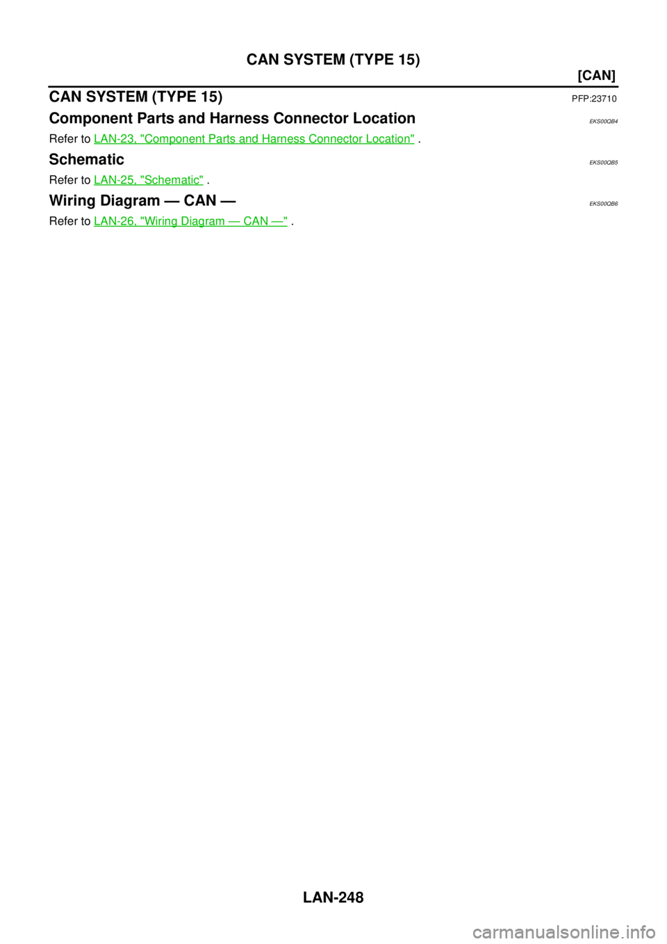 NISSAN NAVARA 2005  Repair Workshop Manual LAN-248
[CAN]
CAN SYSTEM (TYPE 15)
CAN SYSTEM (TYPE 15)
PFP:23710
Component Parts and Harness Connector LocationEKS00QB4
Refer toLAN-23, "Component Parts and Harness Connector Location".
SchematicEKS0