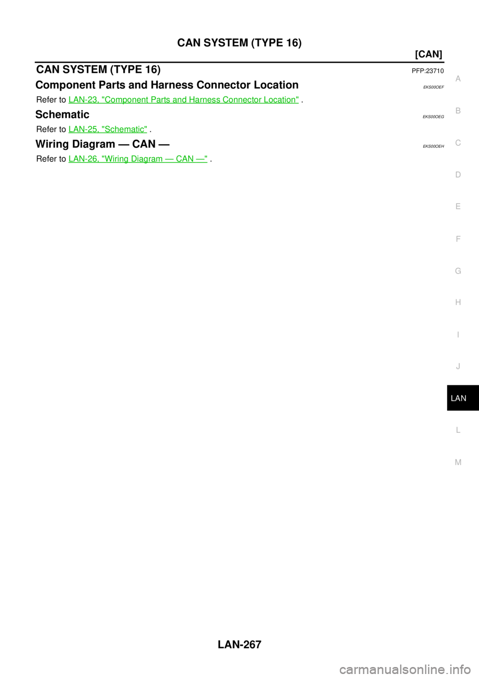 NISSAN NAVARA 2005  Repair Workshop Manual CAN SYSTEM (TYPE 16)
LAN-267
[CAN]
C
D
E
F
G
H
I
J
L
MA
B
LAN
CAN SYSTEM (TYPE 16)PFP:23710
Component Parts and Harness Connector LocationEKS00OEF
Refer toLAN-23, "Component Parts and Harness Connecto