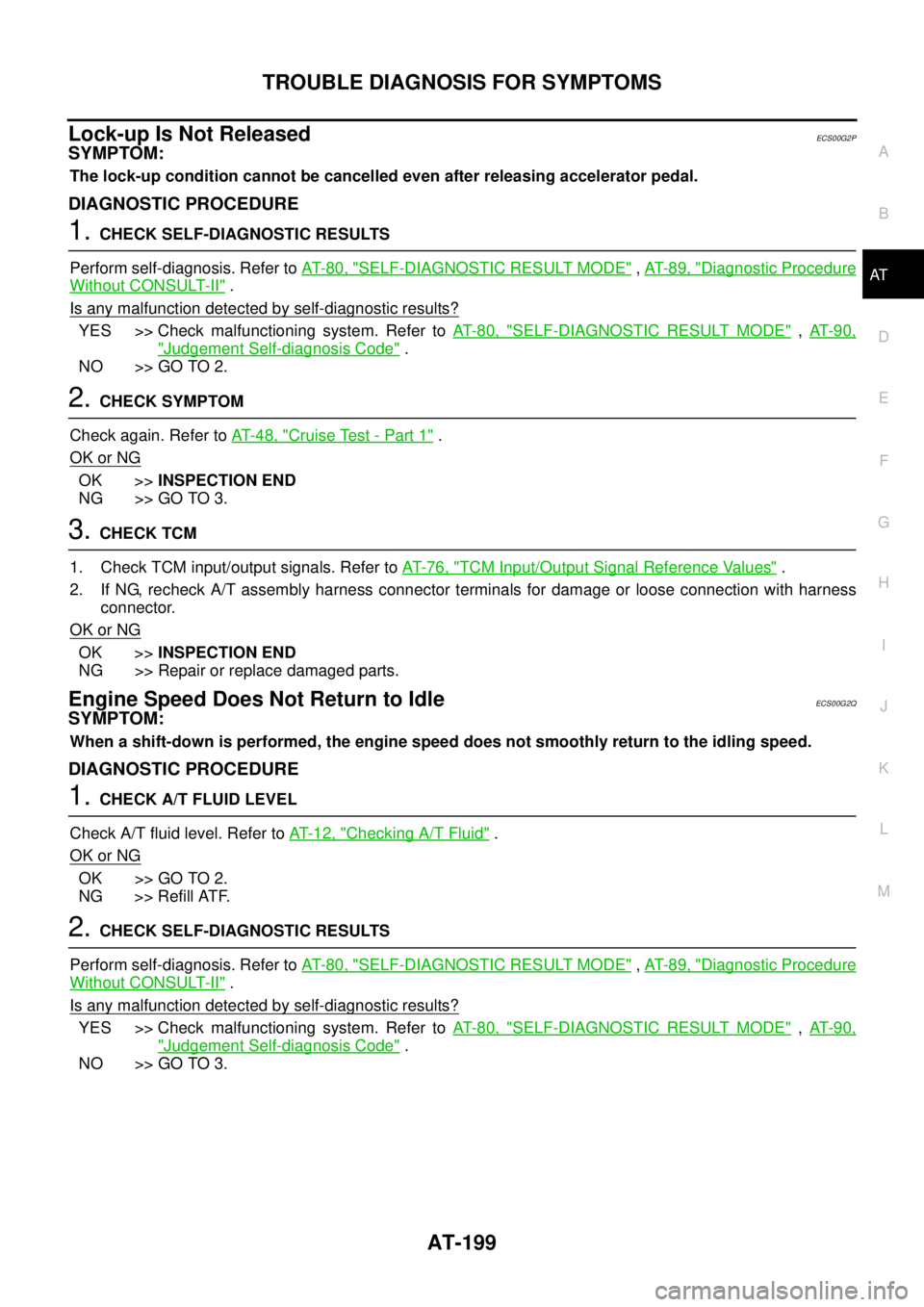 NISSAN NAVARA 2005 Repair Workshop Manual TROUBLE DIAGNOSIS FOR SYMPTOMS
AT-199
D
E
F
G
H
I
J
K
L
MA
B
AT
Lock-up Is Not ReleasedECS00G2P
SYMPTOM:
The lock-up condition cannot be cancelled even after releasing accelerator pedal.
DIAGNOSTIC PR NISSAN NAVARA 2005 Repair Workshop Manual TROUBLE DIAGNOSIS FOR SYMPTOMS
AT-199
D
E
F
G
H
I
J
K
L
MA
B
AT
Lock-up Is Not ReleasedECS00G2P
SYMPTOM:
The lock-up condition cannot be cancelled even after releasing accelerator pedal.
DIAGNOSTIC PR