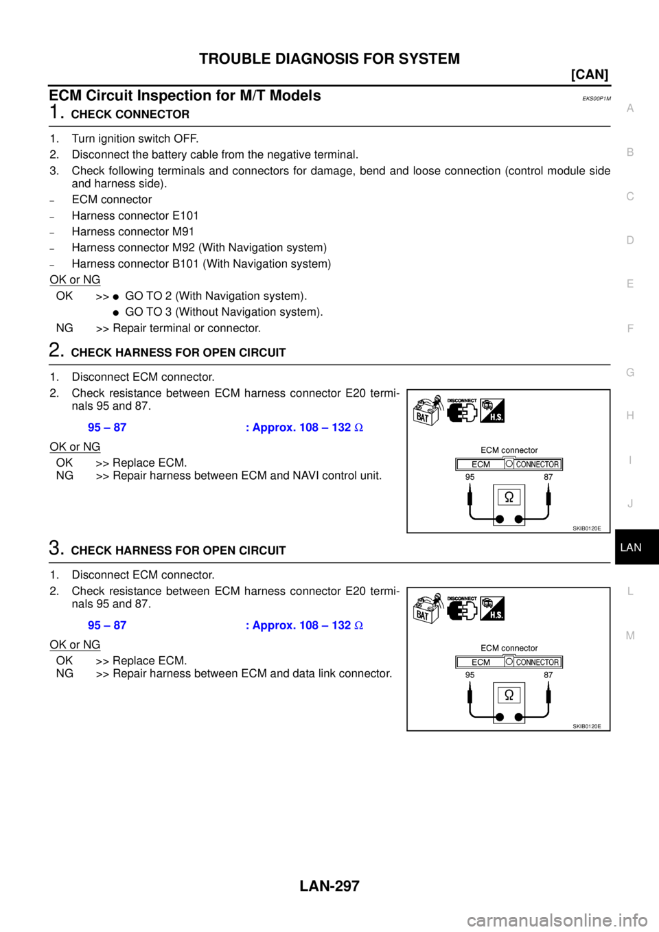 NISSAN NAVARA 2005  Repair Workshop Manual TROUBLE DIAGNOSIS FOR SYSTEM
LAN-297
[CAN]
C
D
E
F
G
H
I
J
L
MA
B
LAN
ECM Circuit Inspection for M/T ModelsEKS00P1M
1.CHECK CONNECTOR
1. Turn ignition switch OFF.
2. Disconnect the battery cable from 
