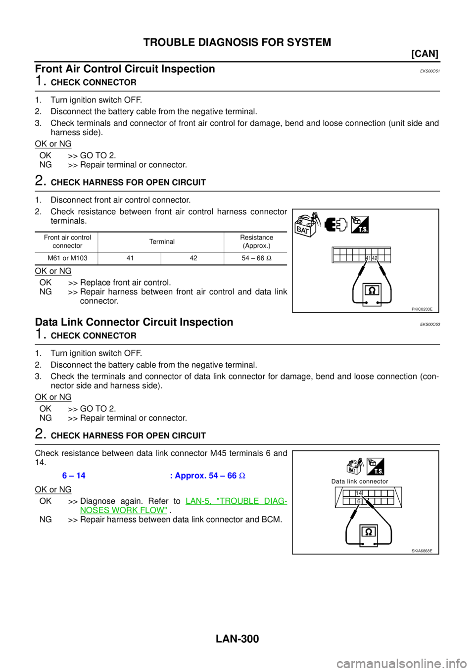NISSAN NAVARA 2005  Repair Workshop Manual LAN-300
[CAN]
TROUBLE DIAGNOSIS FOR SYSTEM
Front Air Control Circuit Inspection
EKS00O51
1.CHECK CONNECTOR
1. Turn ignition switch OFF.
2. Disconnect the battery cable from the negative terminal.
3. C