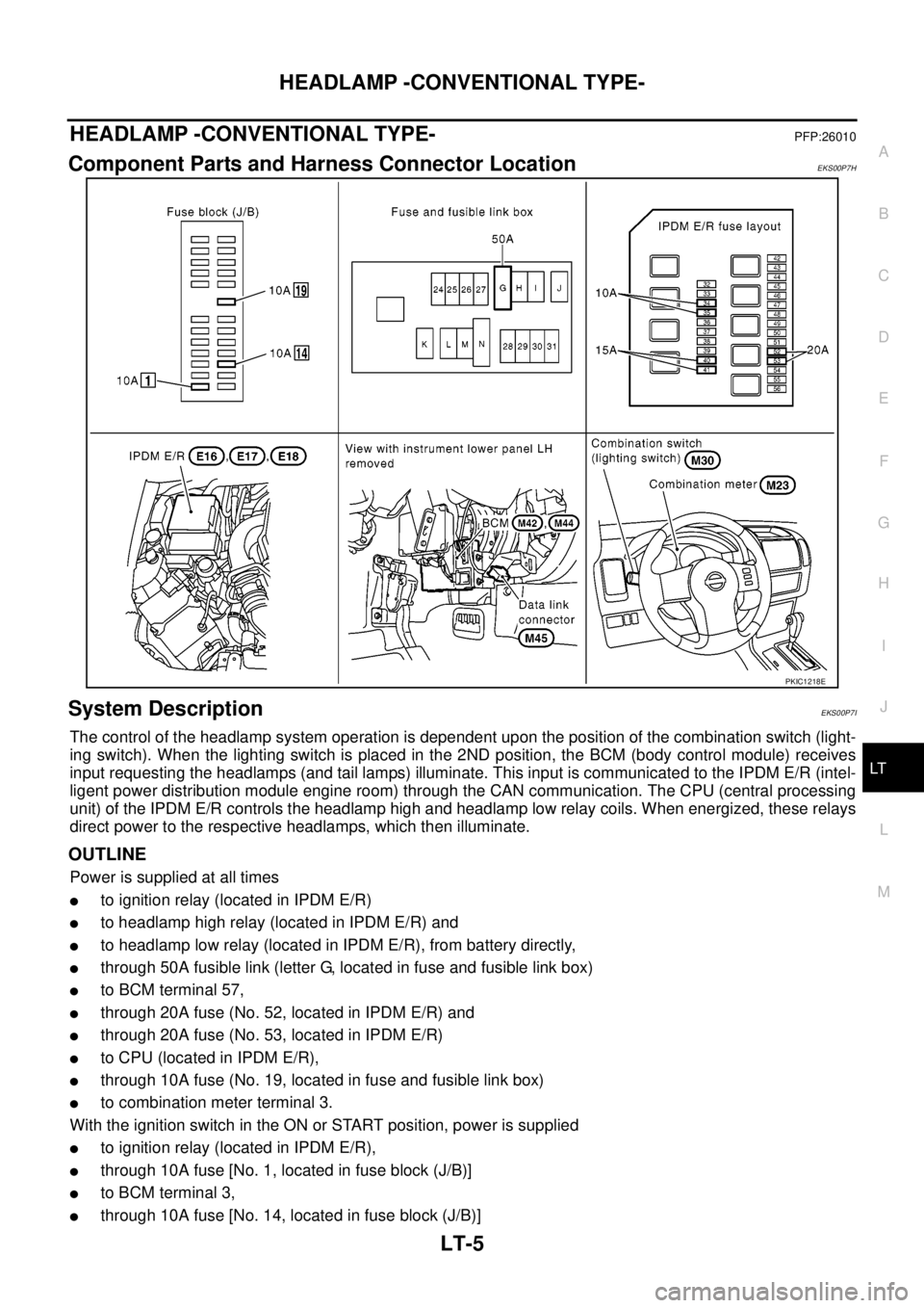 NISSAN NAVARA 2005 Repair Workshop Manual HEADLAMP -CONVENTIONAL TYPE-
LT-5
C
D
E
F
G
H
I
J
L
MA
B
LT
HEADLAMP -CONVENTIONAL TYPE-PFP:26010
Component Parts and Harness Connector LocationEKS00P7H
System DescriptionEKS00P7I
The control of the h NISSAN NAVARA 2005 Repair Workshop Manual HEADLAMP -CONVENTIONAL TYPE-
LT-5
C
D
E
F
G
H
I
J
L
MA
B
LT
HEADLAMP -CONVENTIONAL TYPE-PFP:26010
Component Parts and Harness Connector LocationEKS00P7H
System DescriptionEKS00P7I
The control of the h
