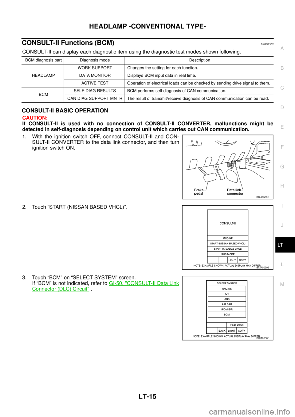NISSAN NAVARA 2005 Repair Workshop Manual HEADLAMP -CONVENTIONAL TYPE-
LT-15
C
D
E
F
G
H
I
J
L
MA
B
LT
CONSULT-II Functions (BCM)EKS00P7Q
CONSULT-II can display each diagnostic item using the diagnostic test modes shown following.
CONSULT-II NISSAN NAVARA 2005 Repair Workshop Manual HEADLAMP -CONVENTIONAL TYPE-
LT-15
C
D
E
F
G
H
I
J
L
MA
B
LT
CONSULT-II Functions (BCM)EKS00P7Q
CONSULT-II can display each diagnostic item using the diagnostic test modes shown following.
CONSULT-II