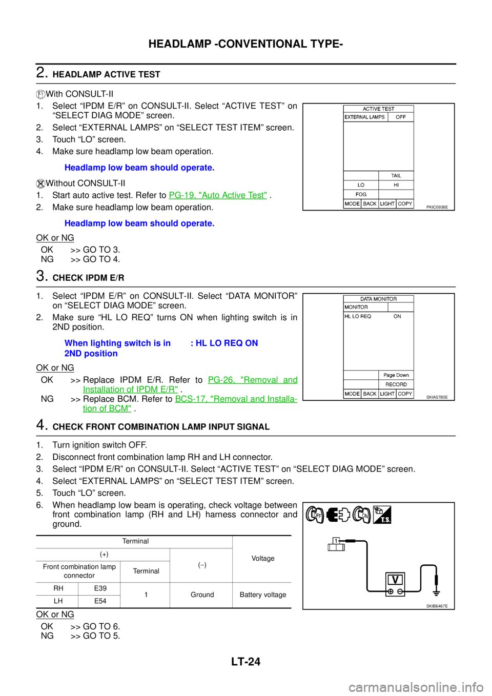 NISSAN NAVARA 2005 Repair Workshop Manual LT-24
HEADLAMP -CONVENTIONAL TYPE-
2.HEADLAMP ACTIVE TEST
With CONSULT-II
1. Select “IPDM E/R” on CONSULT-II. Select “ACTIVE TEST” on
“SELECT DIAG MODE” screen.
2. Select “EXTERNAL LAMPS NISSAN NAVARA 2005 Repair Workshop Manual LT-24
HEADLAMP -CONVENTIONAL TYPE-
2.HEADLAMP ACTIVE TEST
With CONSULT-II
1. Select “IPDM E/R” on CONSULT-II. Select “ACTIVE TEST” on
“SELECT DIAG MODE” screen.
2. Select “EXTERNAL LAMPS