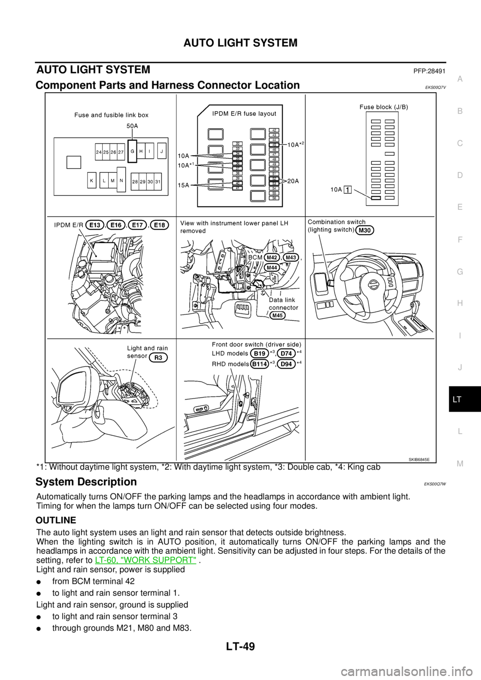 NISSAN NAVARA 2005 Repair Workshop Manual AUTO LIGHT SYSTEM
LT-49
C
D
E
F
G
H
I
J
L
MA
B
LT
AUTO LIGHT SYSTEMPFP:28491
Component Parts and Harness Connector LocationEKS00Q7V
*1: Without daytime light system, *2: With daytime light system, *3: NISSAN NAVARA 2005 Repair Workshop Manual AUTO LIGHT SYSTEM
LT-49
C
D
E
F
G
H
I
J
L
MA
B
LT
AUTO LIGHT SYSTEMPFP:28491
Component Parts and Harness Connector LocationEKS00Q7V
*1: Without daytime light system, *2: With daytime light system, *3: