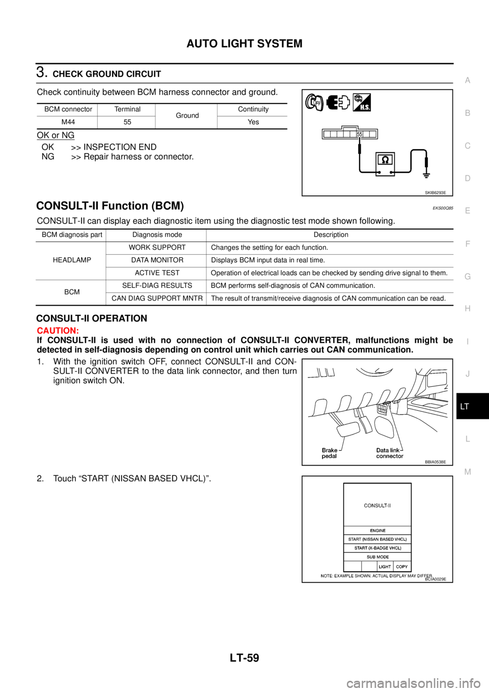 NISSAN NAVARA 2005  Repair Workshop Manual AUTO LIGHT SYSTEM
LT-59
C
D
E
F
G
H
I
J
L
MA
B
LT
3.CHECK GROUND CIRCUIT
Check continuity between BCM harness connector and ground.
OK or NG
OK >> INSPECTION END
NG >> Repair harness or connector.
CON