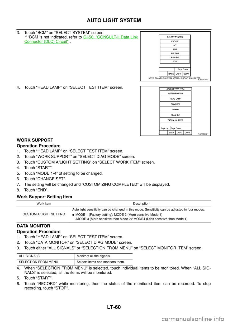 NISSAN NAVARA 2005  Repair Workshop Manual LT-60
AUTO LIGHT SYSTEM
3. Touch “BCM” on “SELECT SYSTEM” screen.
If “BCM is not indicated, refer toGI-50, "
CONSULT-II Data Link
Connector (DLC) Circuit".
4. Touch “HEAD LAMP” on “SEL