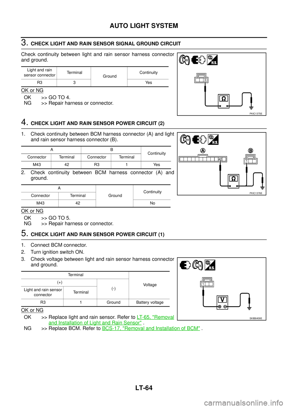 NISSAN NAVARA 2005  Repair Workshop Manual LT-64
AUTO LIGHT SYSTEM
3.CHECK LIGHT AND RAIN SENSOR SIGNAL GROUND CIRCUIT
Check continuity between light and rain sensor harness connector
and ground.
OK or NG
OK >> GO TO 4.
NG >> Repair harness or