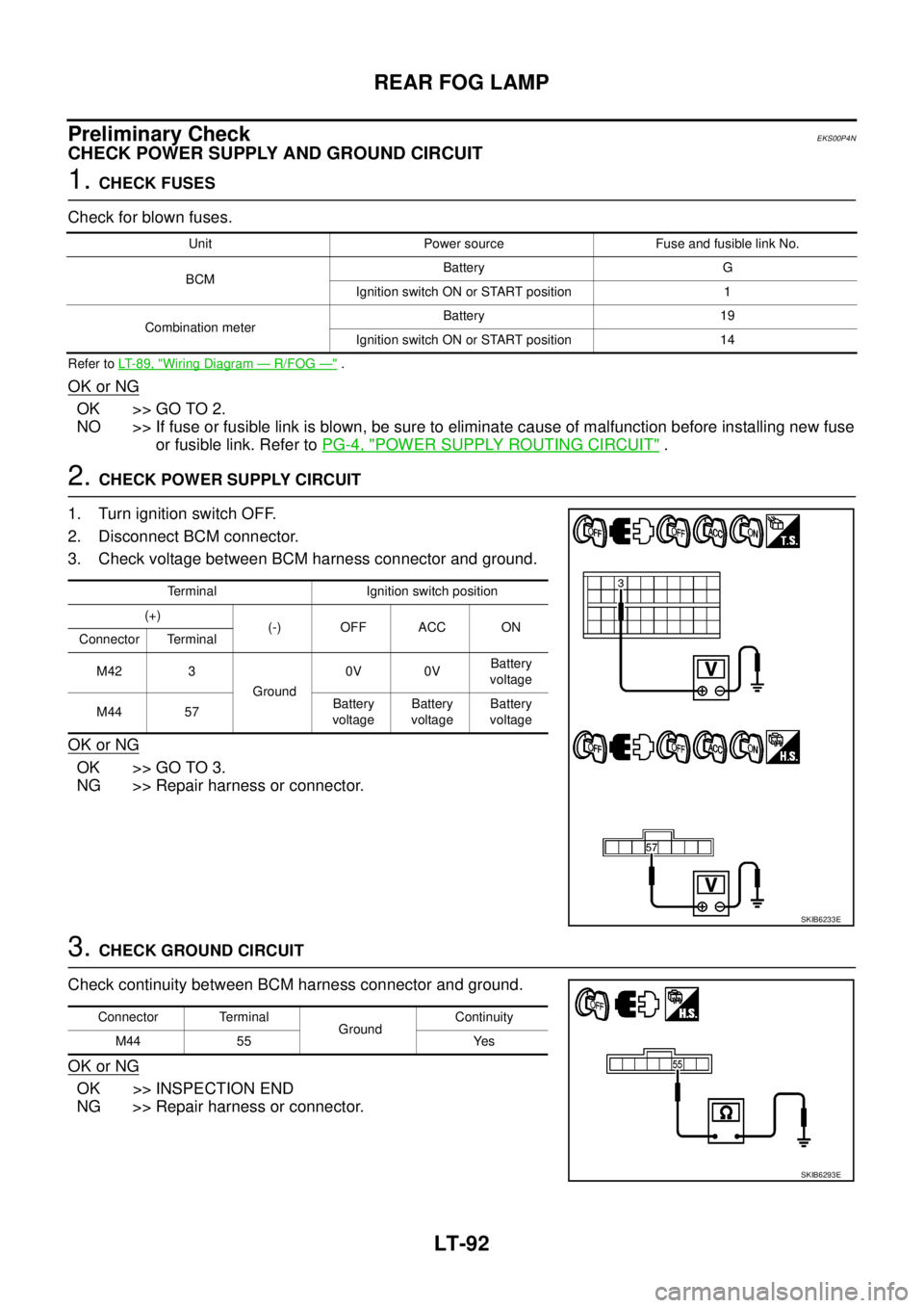 NISSAN NAVARA 2005 Repair Workshop Manual LT-92
REAR FOG LAMP
Preliminary Check
EKS00P4N
CHECK POWER SUPPLY AND GROUND CIRCUIT
1.CHECK FUSES
Check for blown fuses.
Refer toLT-89, "Wiring Diagram—R/FOG—".
OK or NG
OK >> GO TO 2.
NO >> If f NISSAN NAVARA 2005 Repair Workshop Manual LT-92
REAR FOG LAMP
Preliminary Check
EKS00P4N
CHECK POWER SUPPLY AND GROUND CIRCUIT
1.CHECK FUSES
Check for blown fuses.
Refer toLT-89, "Wiring Diagram—R/FOG—".
OK or NG
OK >> GO TO 2.
NO >> If f