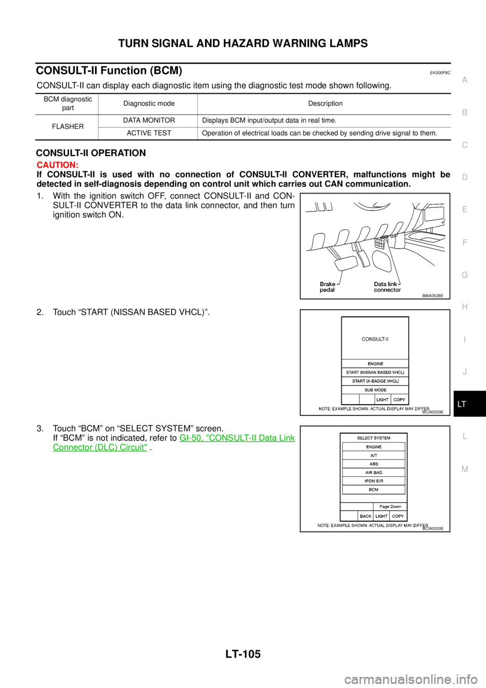NISSAN NAVARA 2005 Repair Workshop Manual TURN SIGNAL AND HAZARD WARNING LAMPS
LT-105
C
D
E
F
G
H
I
J
L
MA
B
LT
CONSULT-II Function (BCM)EKS00P8C
CONSULT-II can display each diagnostic item using the diagnostic test mode shown following.
CONS NISSAN NAVARA 2005 Repair Workshop Manual TURN SIGNAL AND HAZARD WARNING LAMPS
LT-105
C
D
E
F
G
H
I
J
L
MA
B
LT
CONSULT-II Function (BCM)EKS00P8C
CONSULT-II can display each diagnostic item using the diagnostic test mode shown following.
CONS
