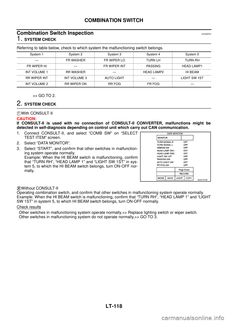 NISSAN NAVARA 2005 Repair Workshop Manual LT-118
COMBINATION SWITCH
Combination Switch Inspection
EKS00P9Y
1.SYSTEM CHECK
Referring to table below, check to which system the malfunctioning switch belongs.
>> GO TO 2.
2.SYSTEM CHECK
With CONSU NISSAN NAVARA 2005 Repair Workshop Manual LT-118
COMBINATION SWITCH
Combination Switch Inspection
EKS00P9Y
1.SYSTEM CHECK
Referring to table below, check to which system the malfunctioning switch belongs.
>> GO TO 2.
2.SYSTEM CHECK
With CONSU
